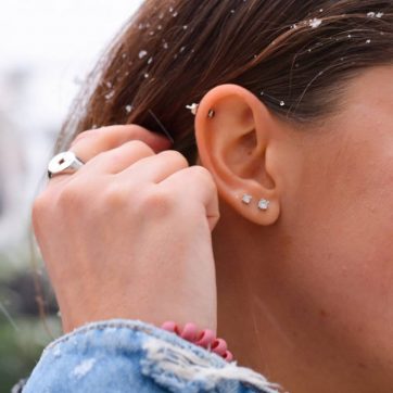 Silver stud earrings with black zircon stones
