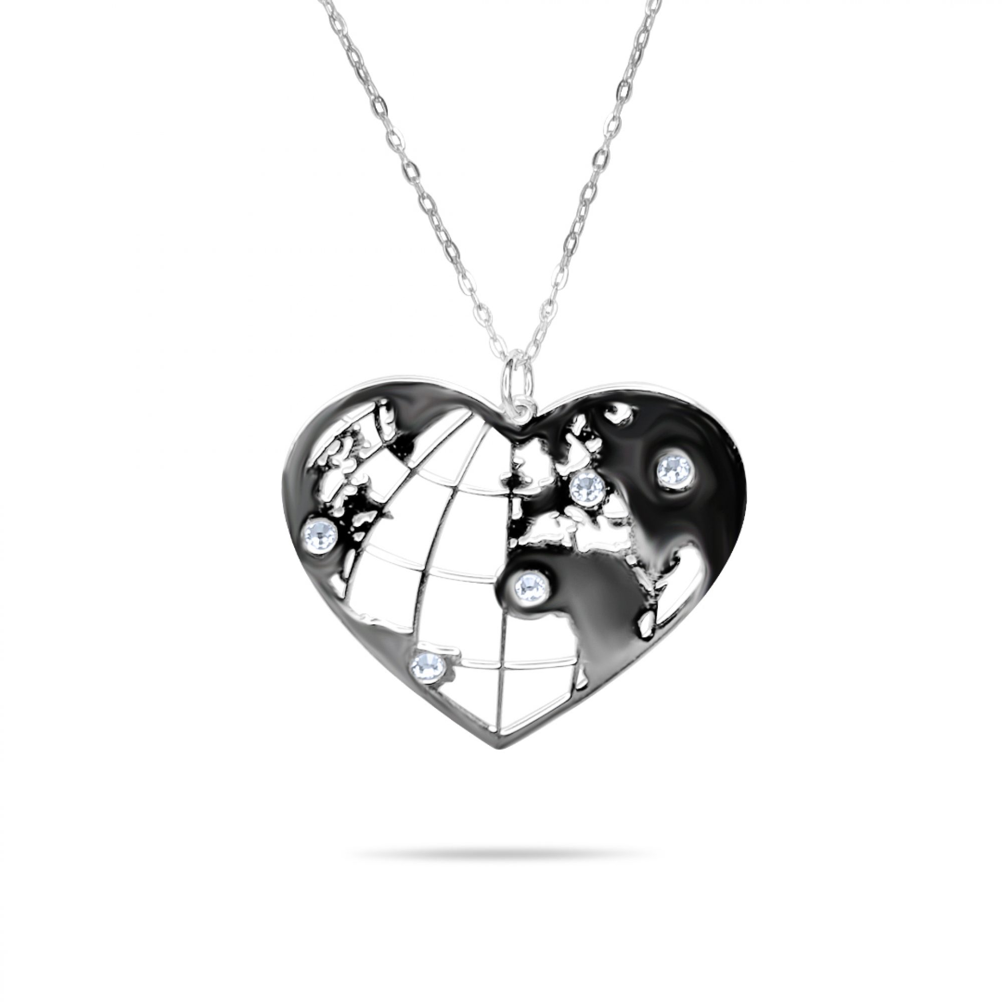 Heart shaped silver globe necklace with zircon stones