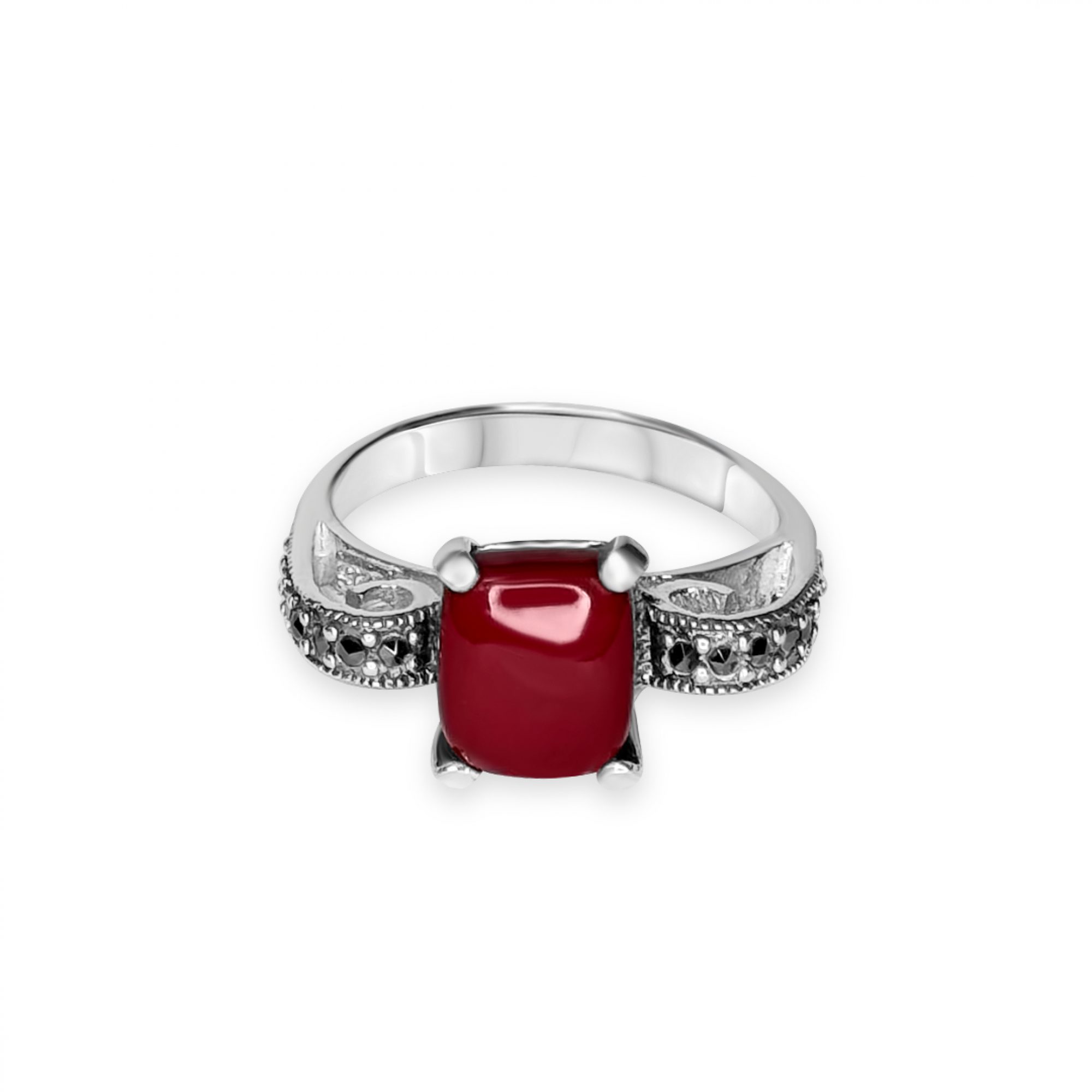 Ring with coral stone and marcasites