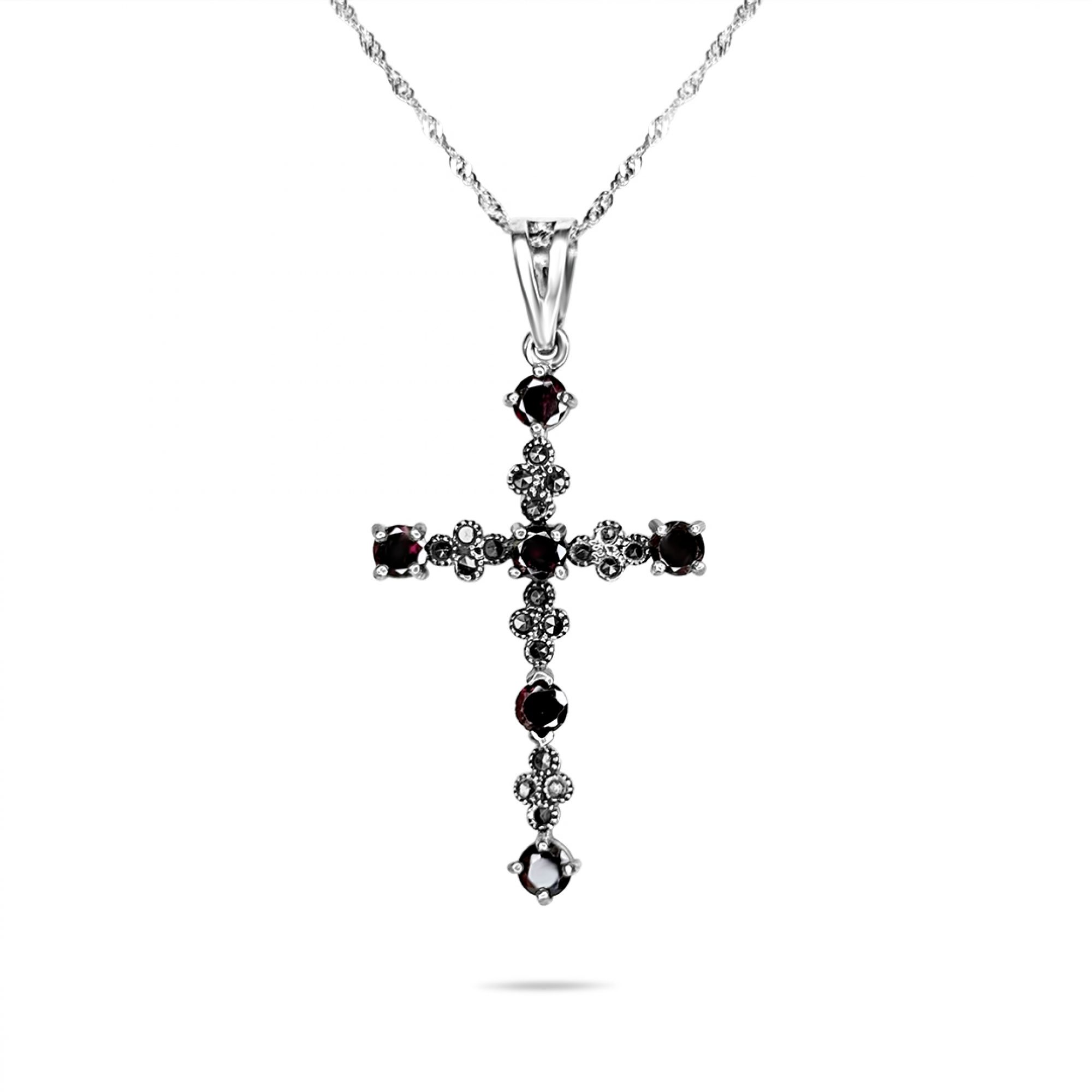 Silver cross with garnet stones and marcasites