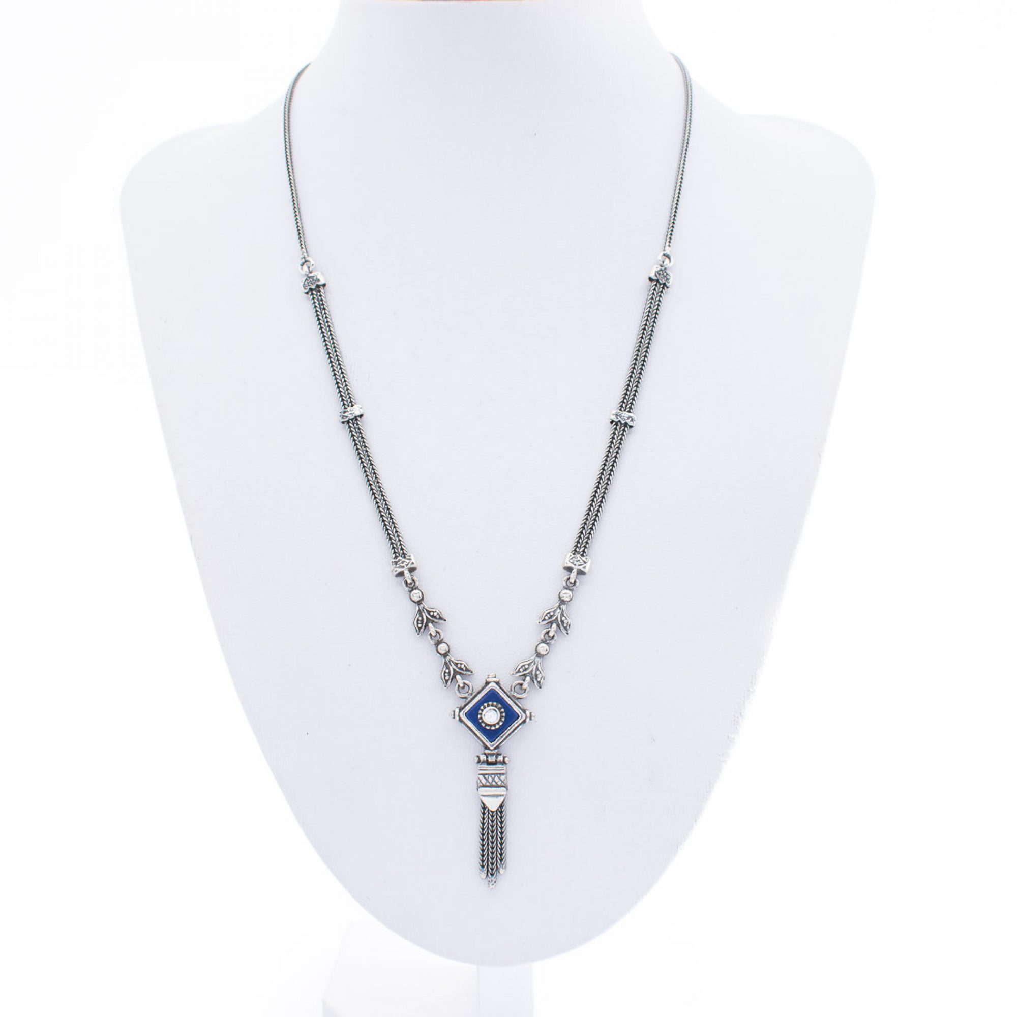 Oxidised necklace with lapis lazuli and zircon stones