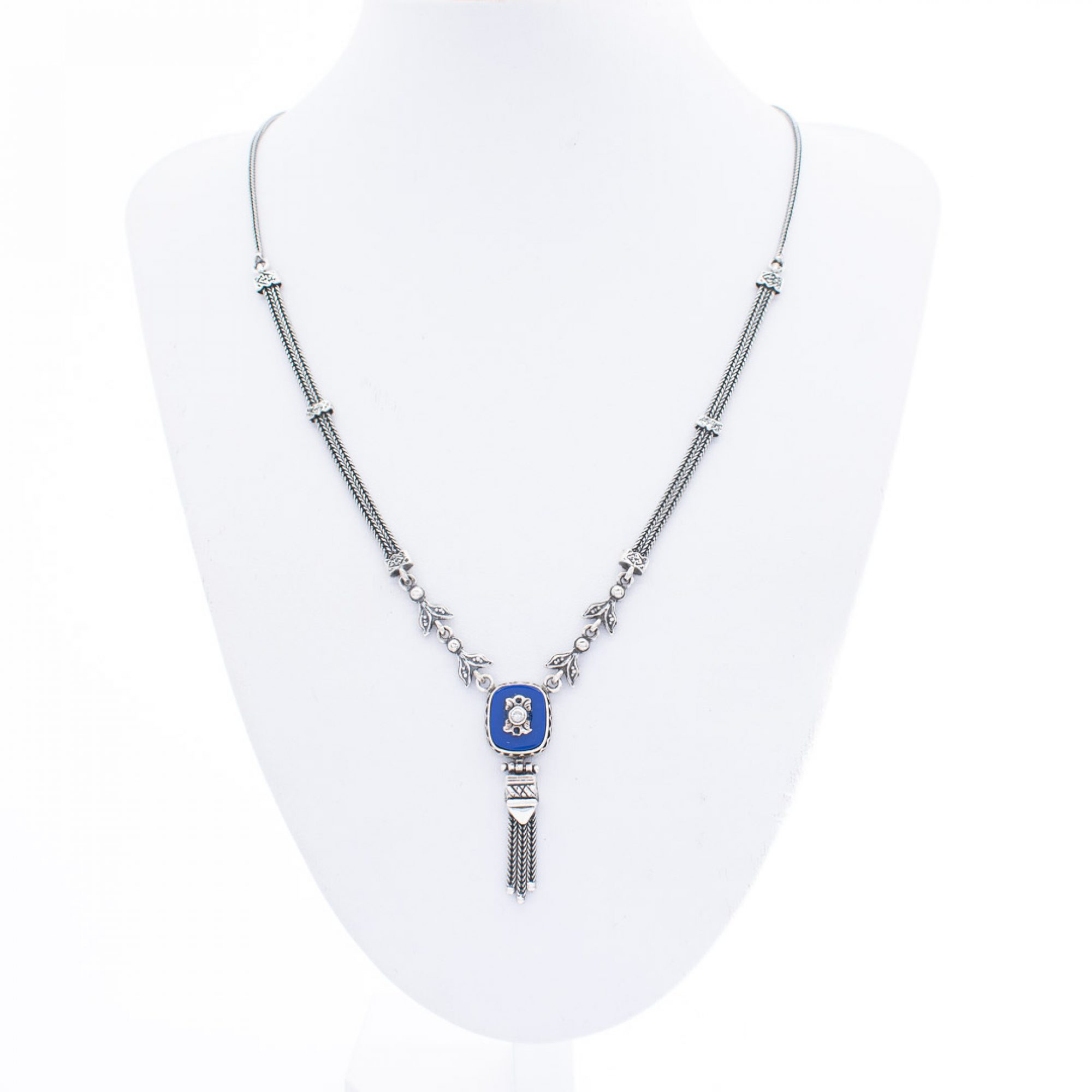 Oxidised necklace with lapis lazuli and zircon stones