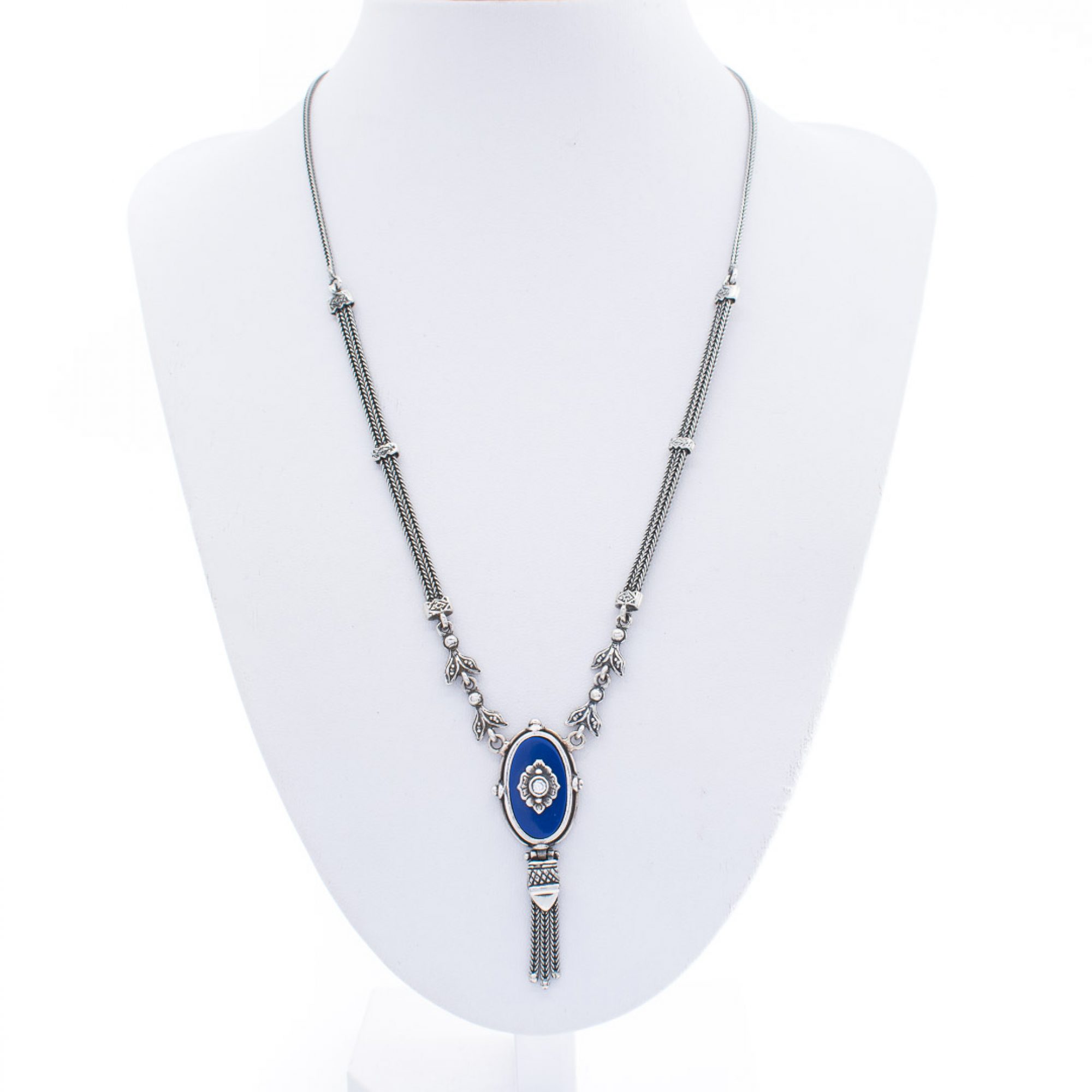 Oxidised necklace with lapis lazuli and zircon stones