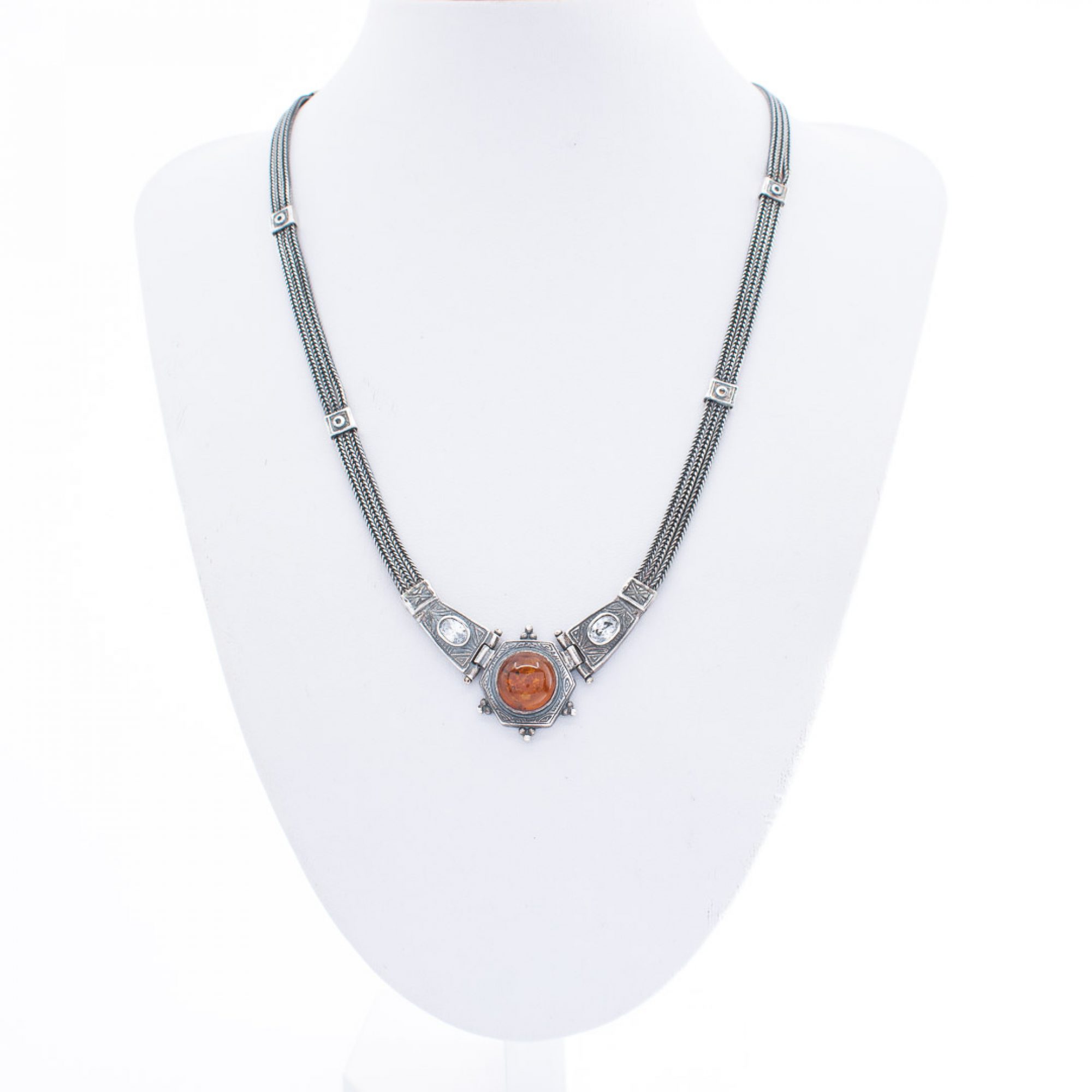 Oxidised necklace with natural amber and zircon stones
