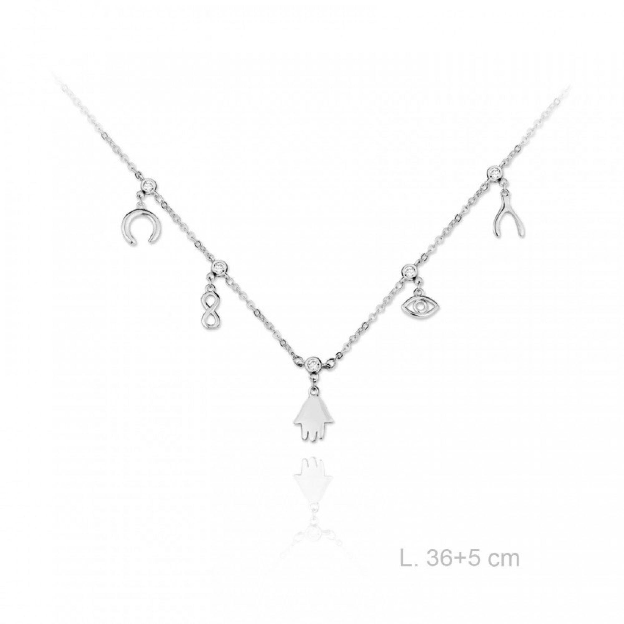 Silver necklace with zircon stones and good luck charms