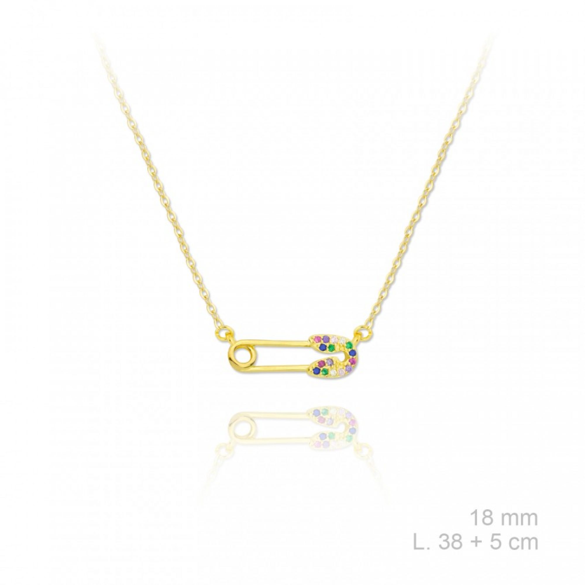 Gold plated safety pin necklace with coloured stones