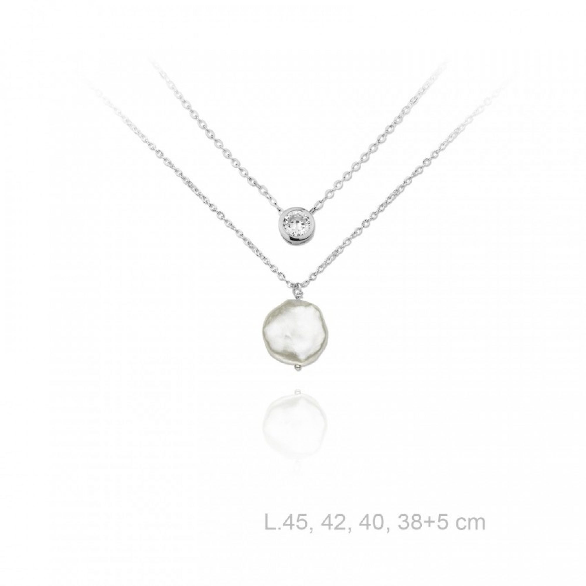 Silver double necklace with mother of pearl and zircon stone