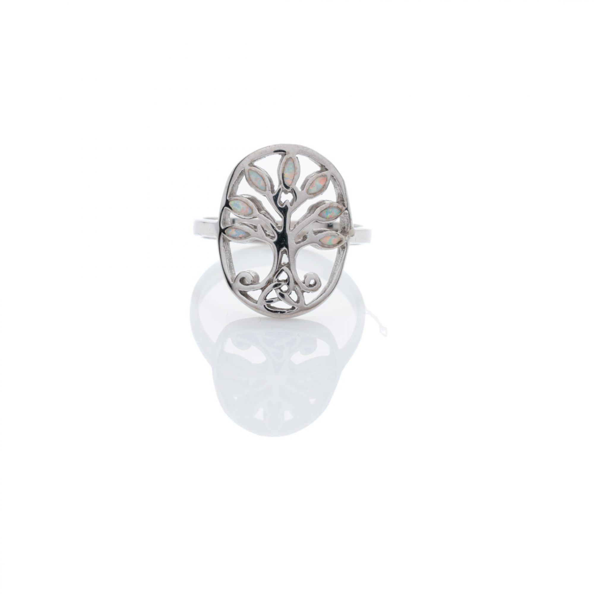 Silver tree of life ring with white opal