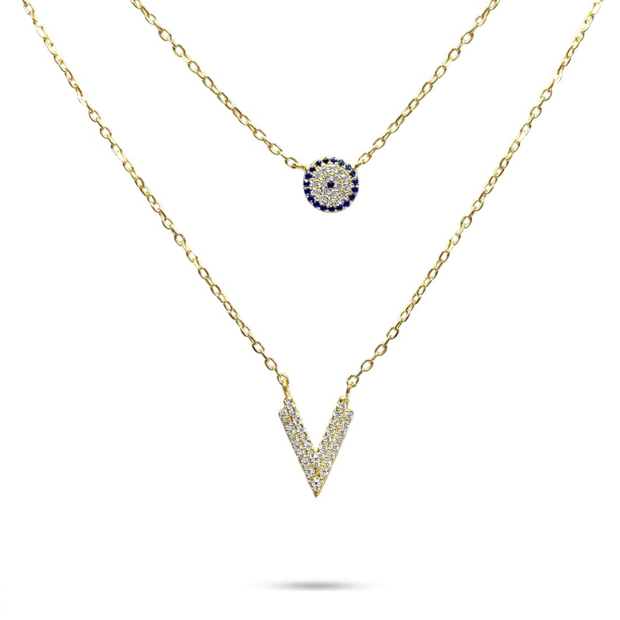 Gold plated double eye necklace with zircon stones