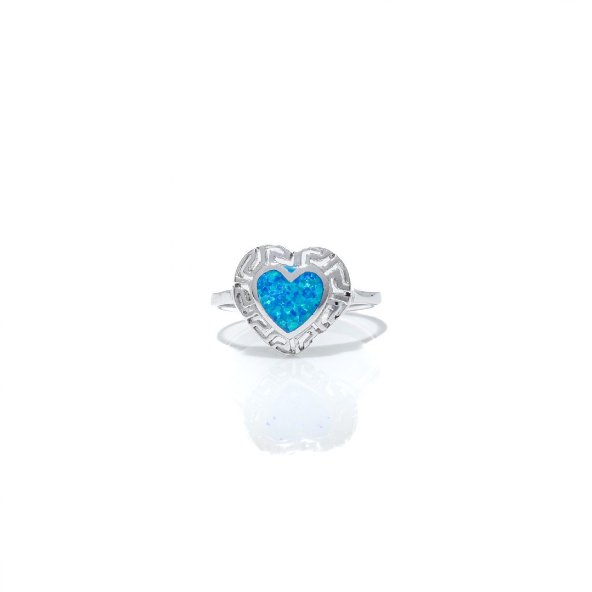 Silver heart ring with opal stone and meander