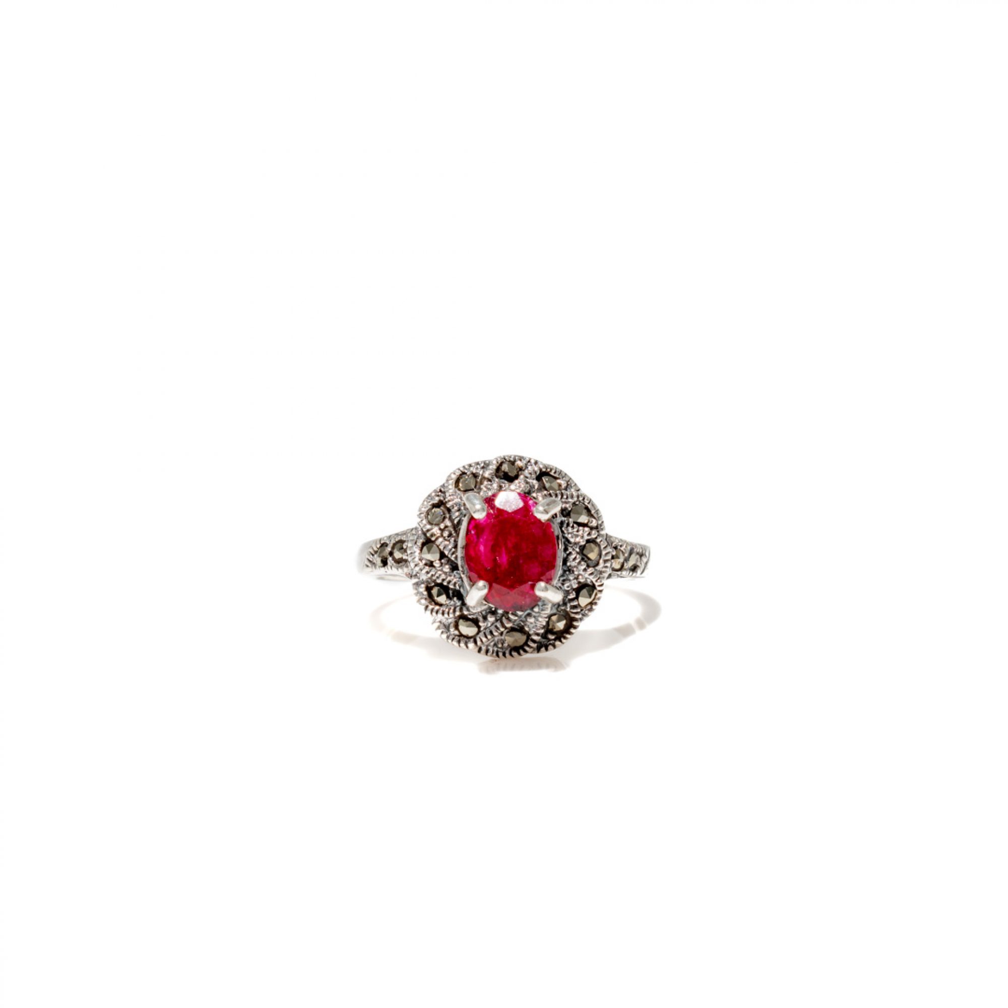 Ring with ruby and marcasites
