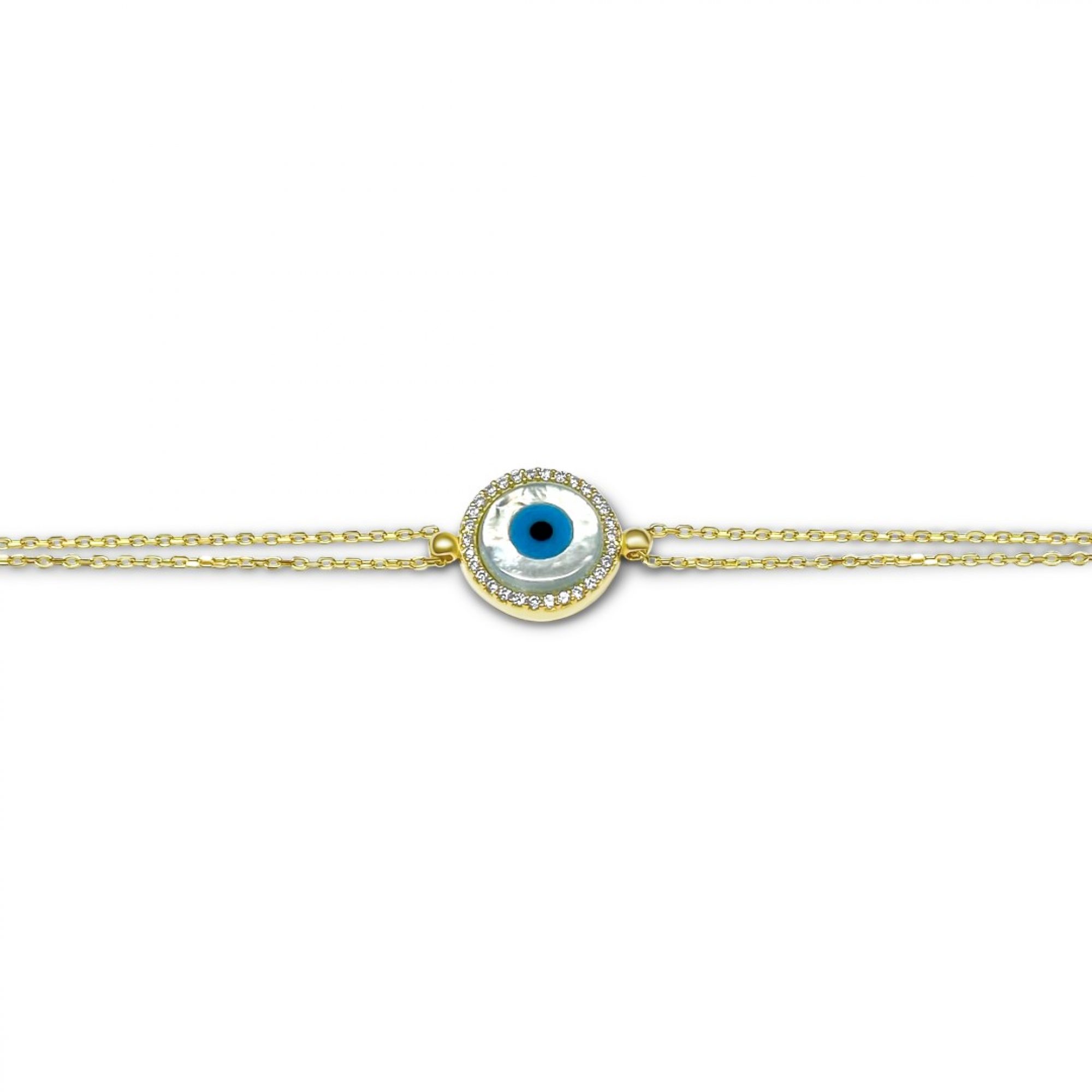 Gold plated eye bracelet with mother of pearl and zircon stones