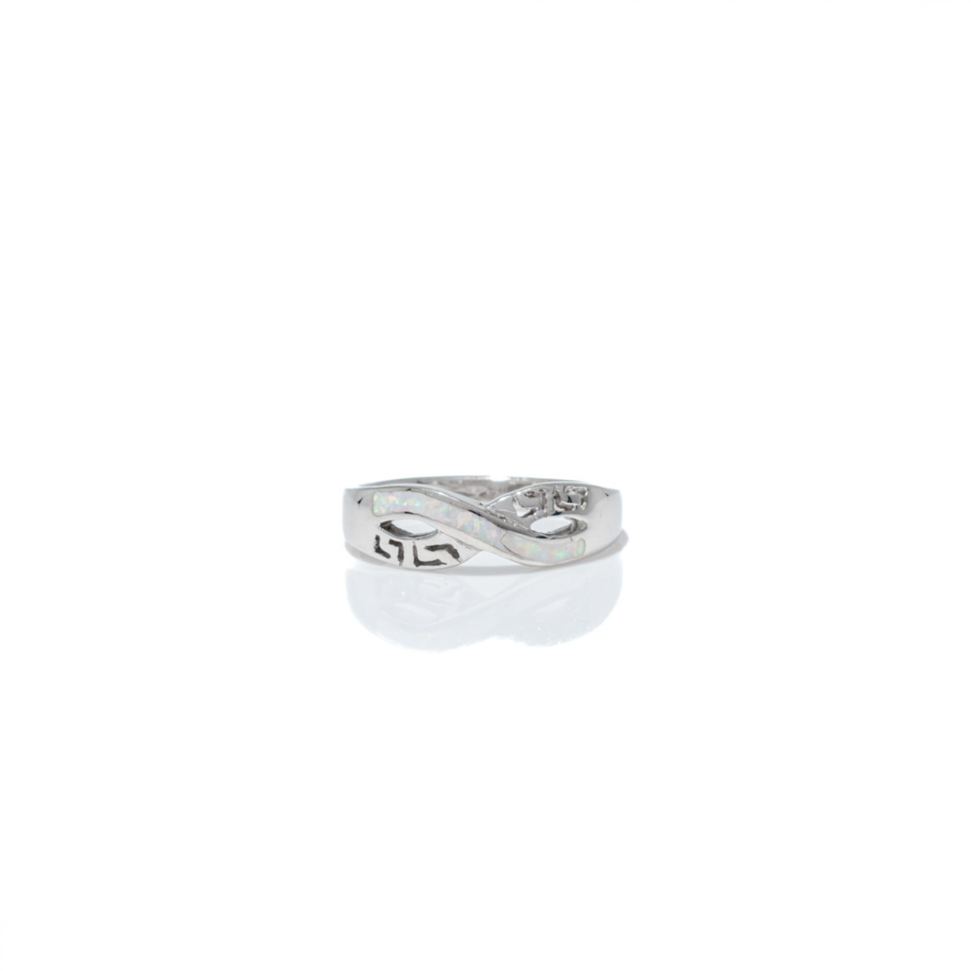 Silver infinity ring with white opal and meander