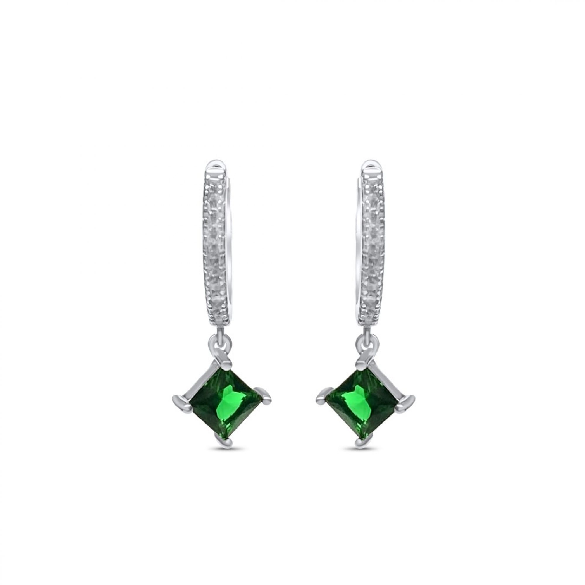 Silver earrings with emerald and zircon stones