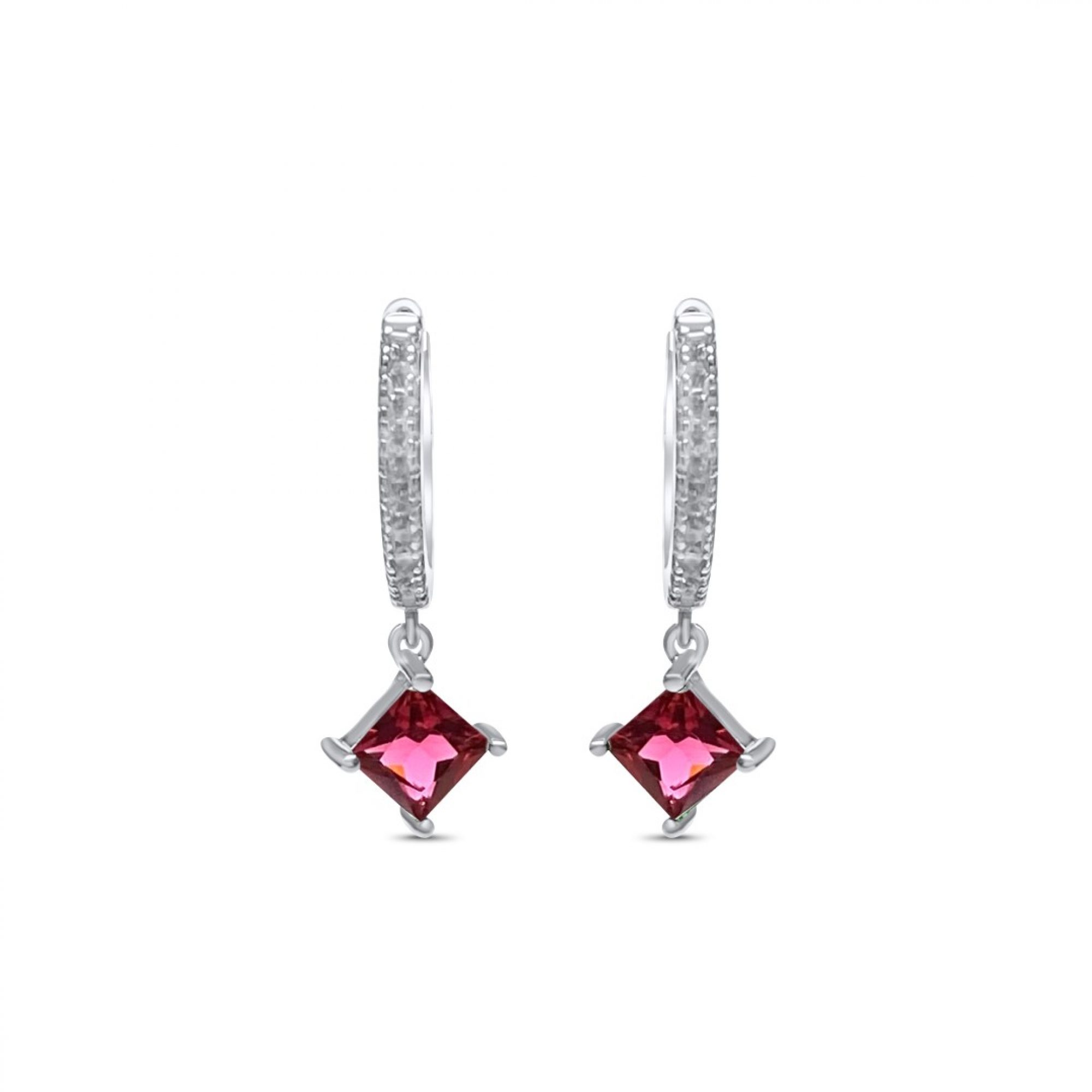Silver earrings with ruby and zircon stones