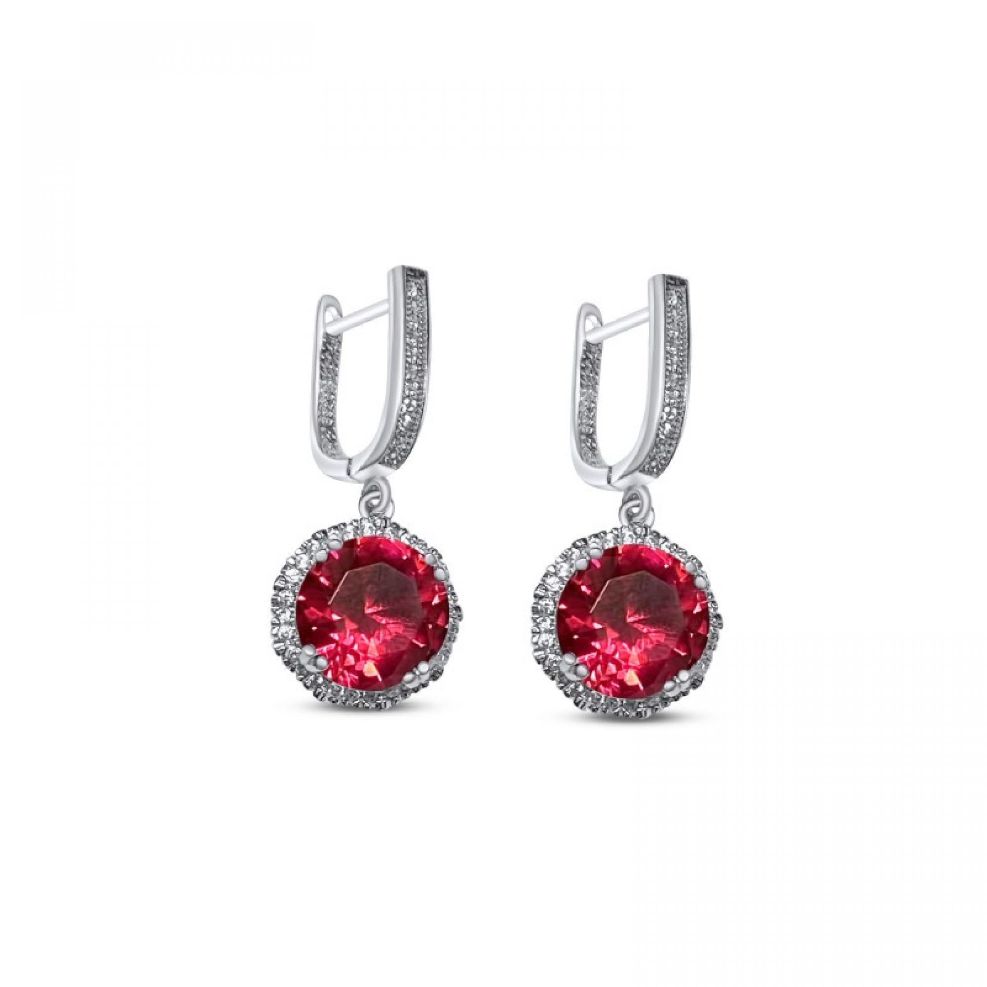 Silver earrings with ruby and zircon stones