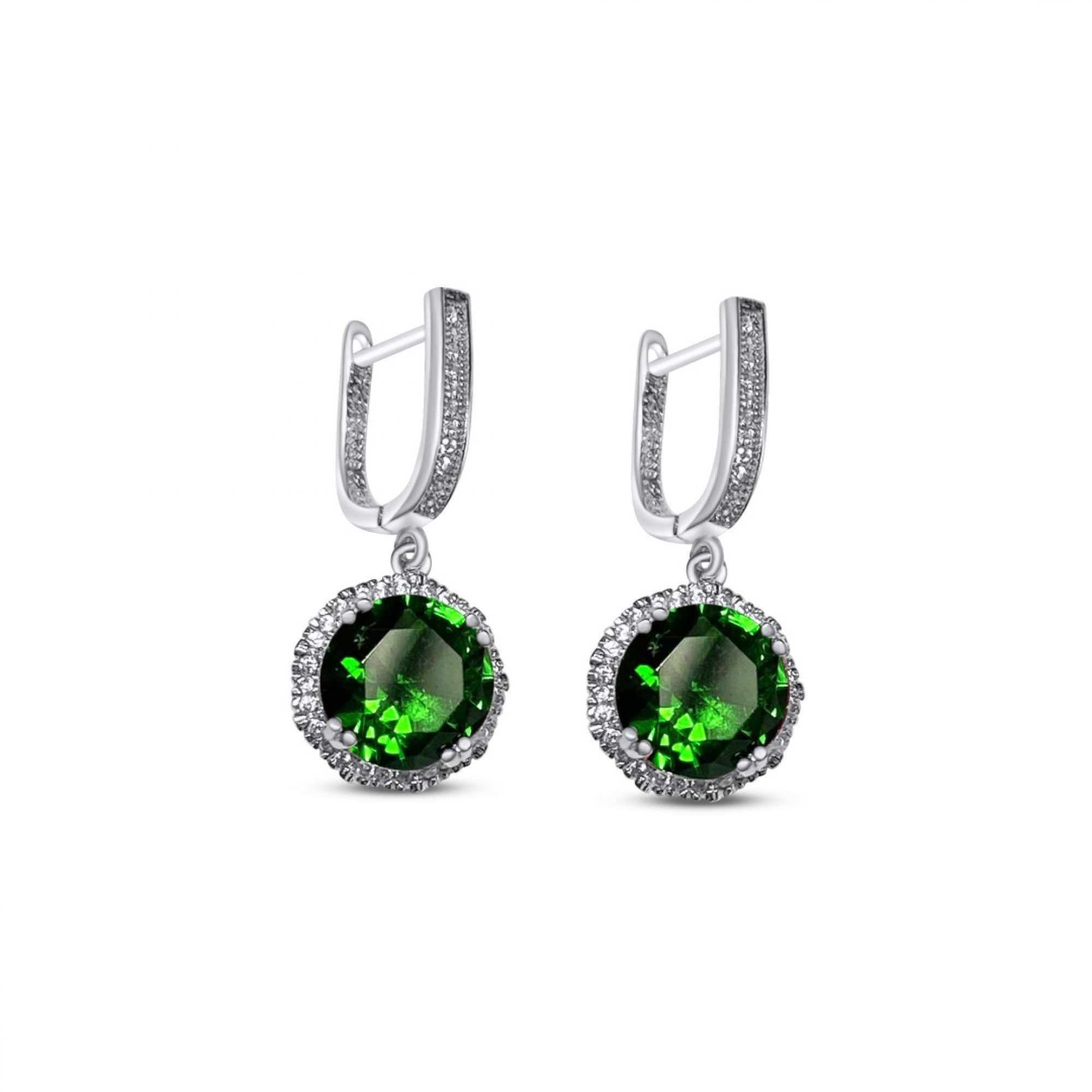 Silver earrings with emerald and zircon stones 