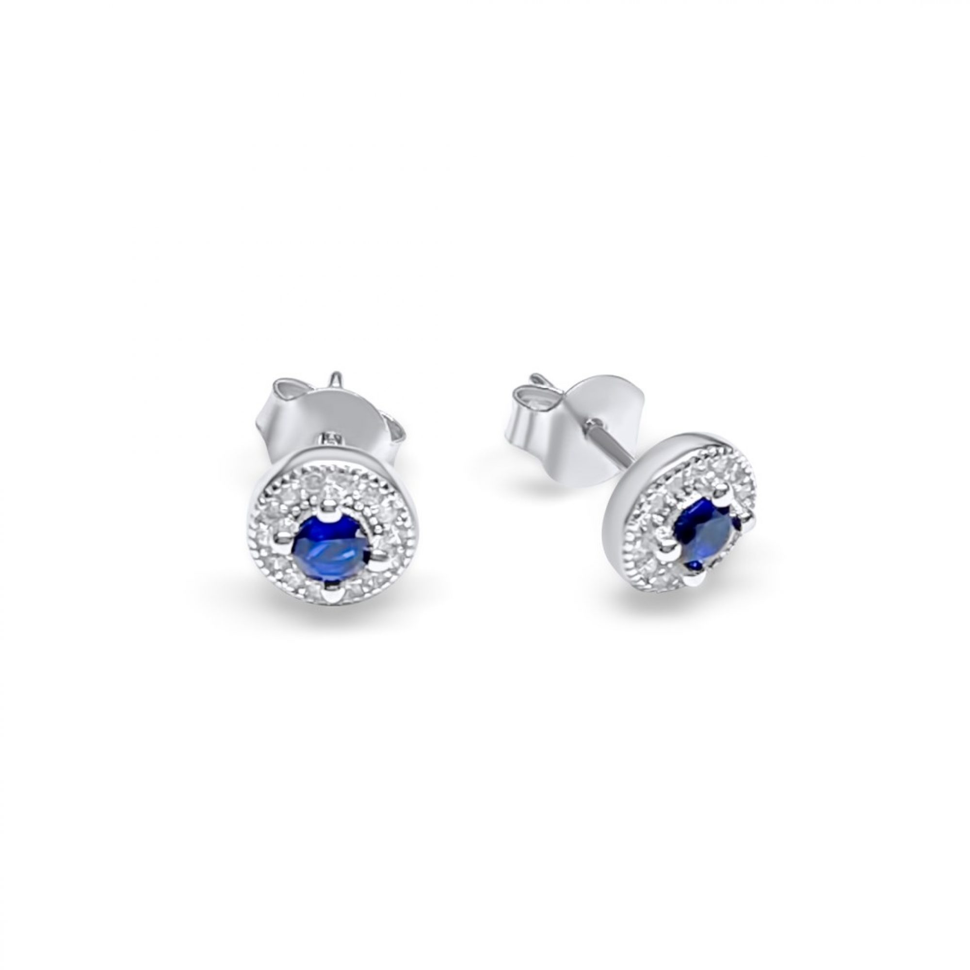 Silver stud earrings with sapphire and zircon stones