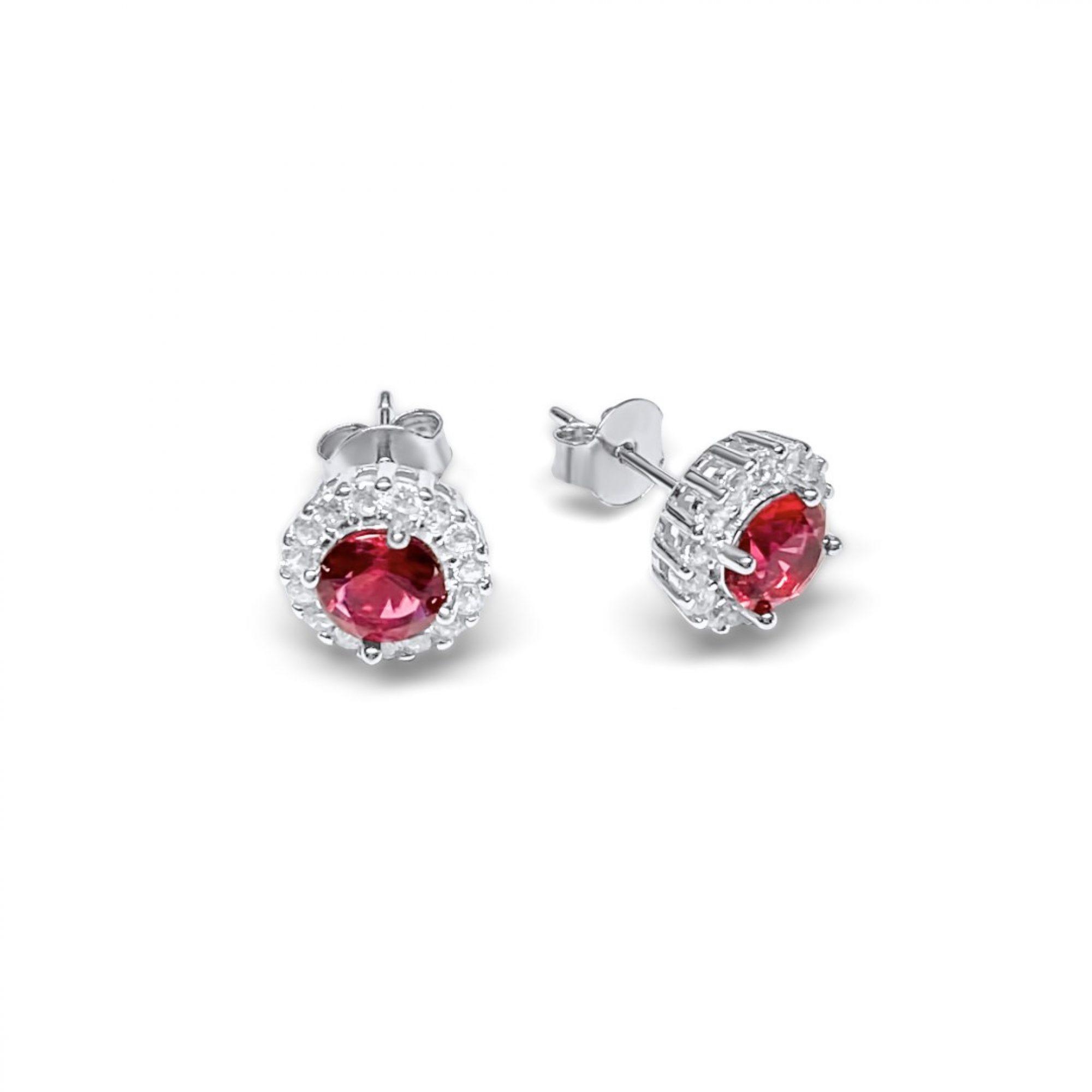 Silver stud earrings with ruby and zircon stones