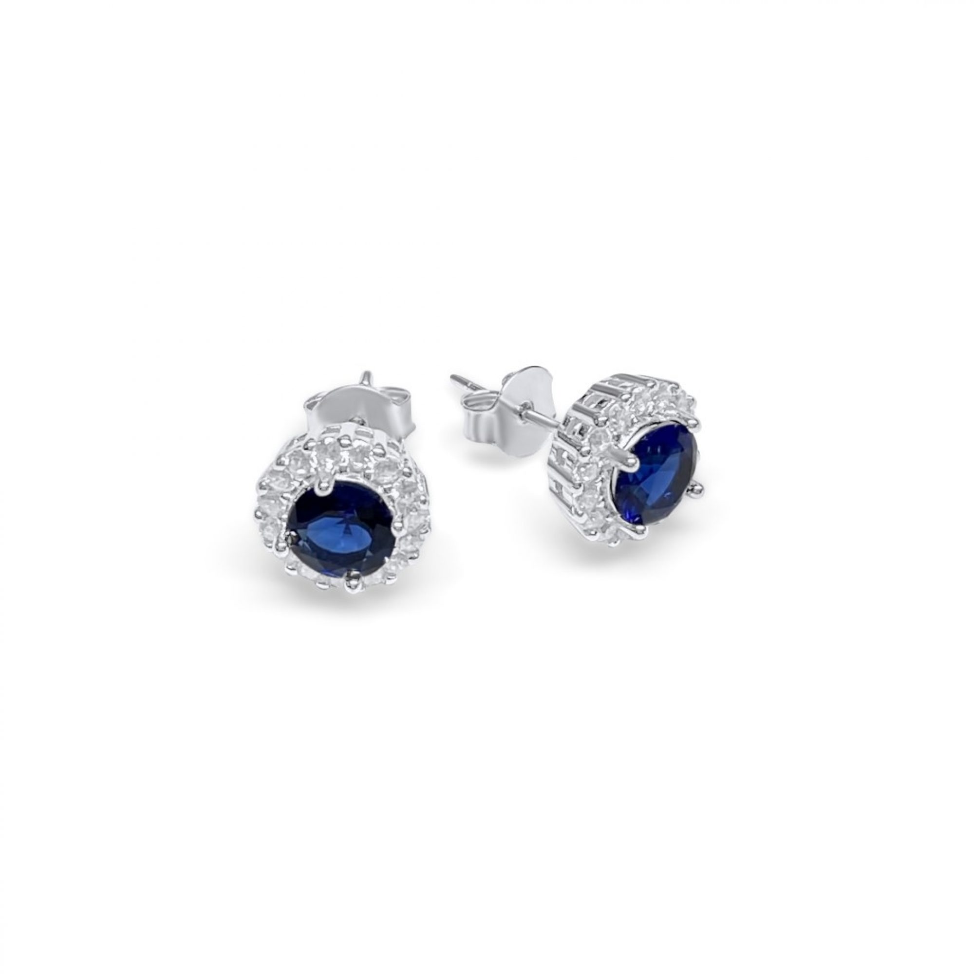 Silver stud earrings with sapphire and  zircon stones