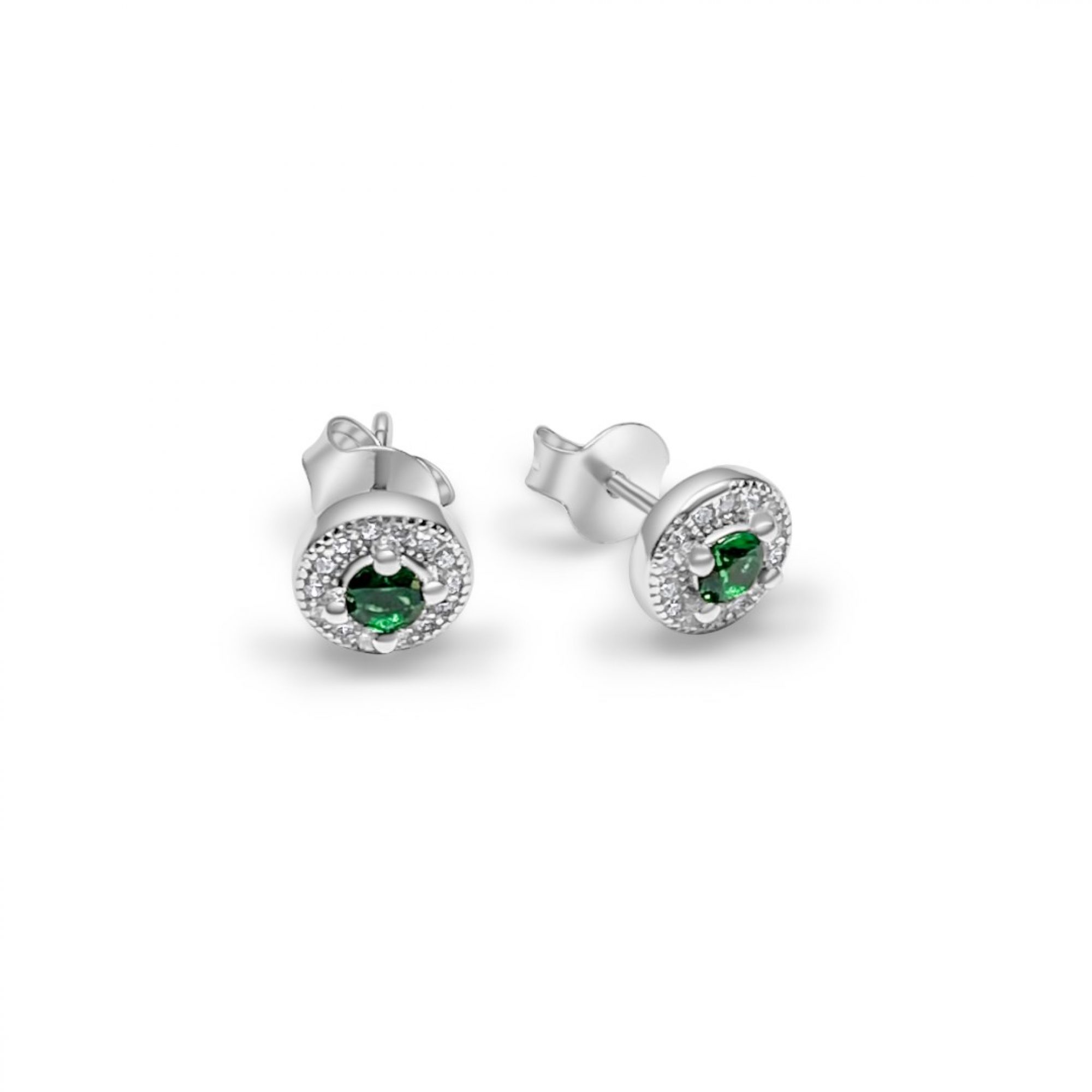 Silver stud earrings with emerald and zircon stones