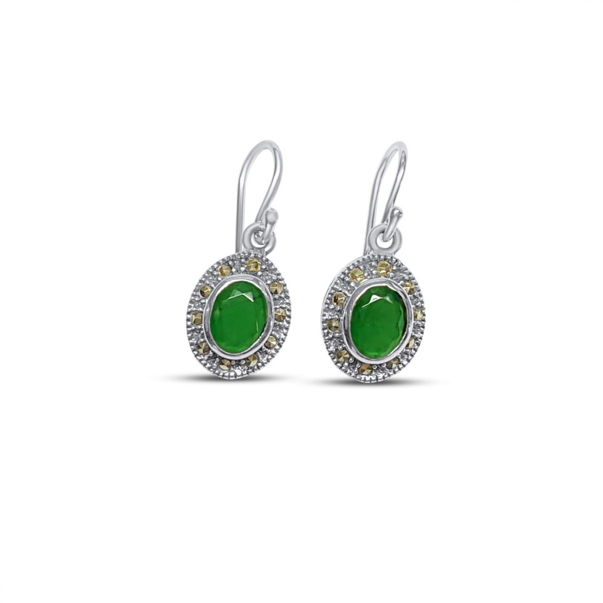 Dangle marcasite earrings with emerald stones