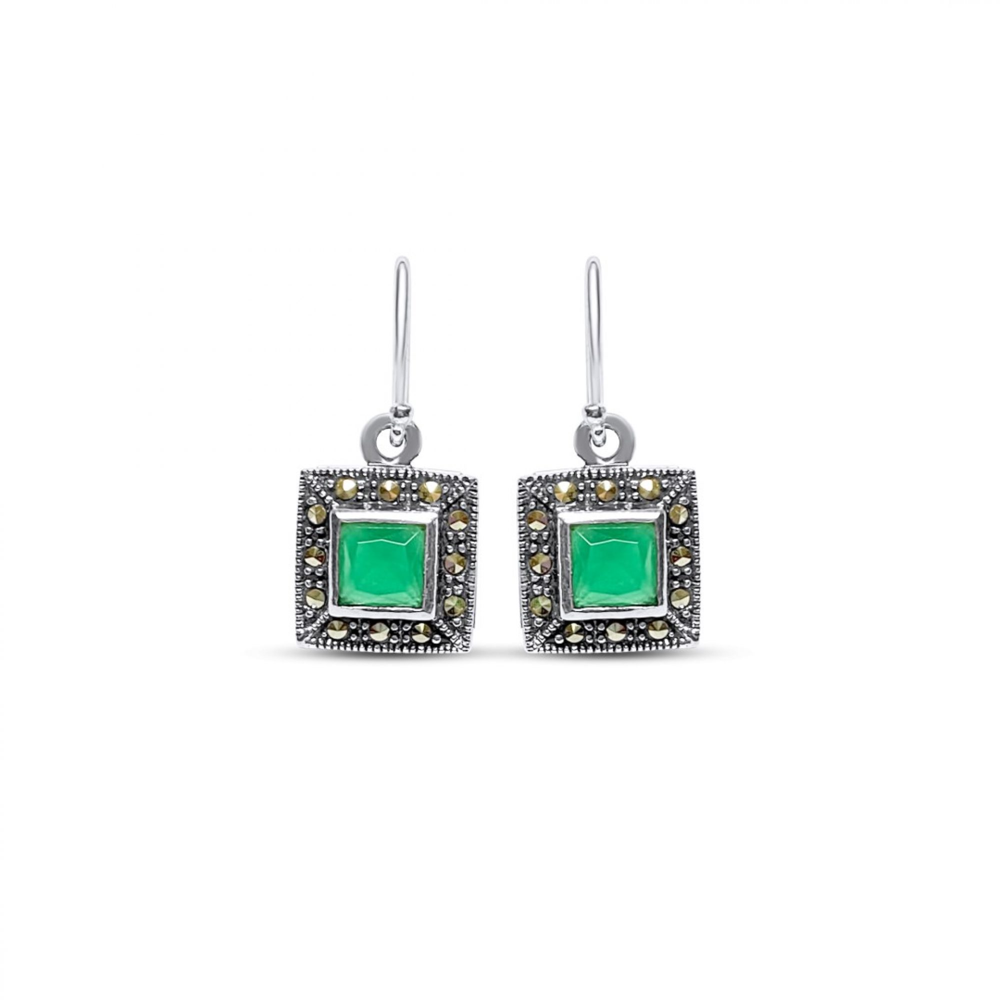 Dangle marcasite earrings with emerald stones