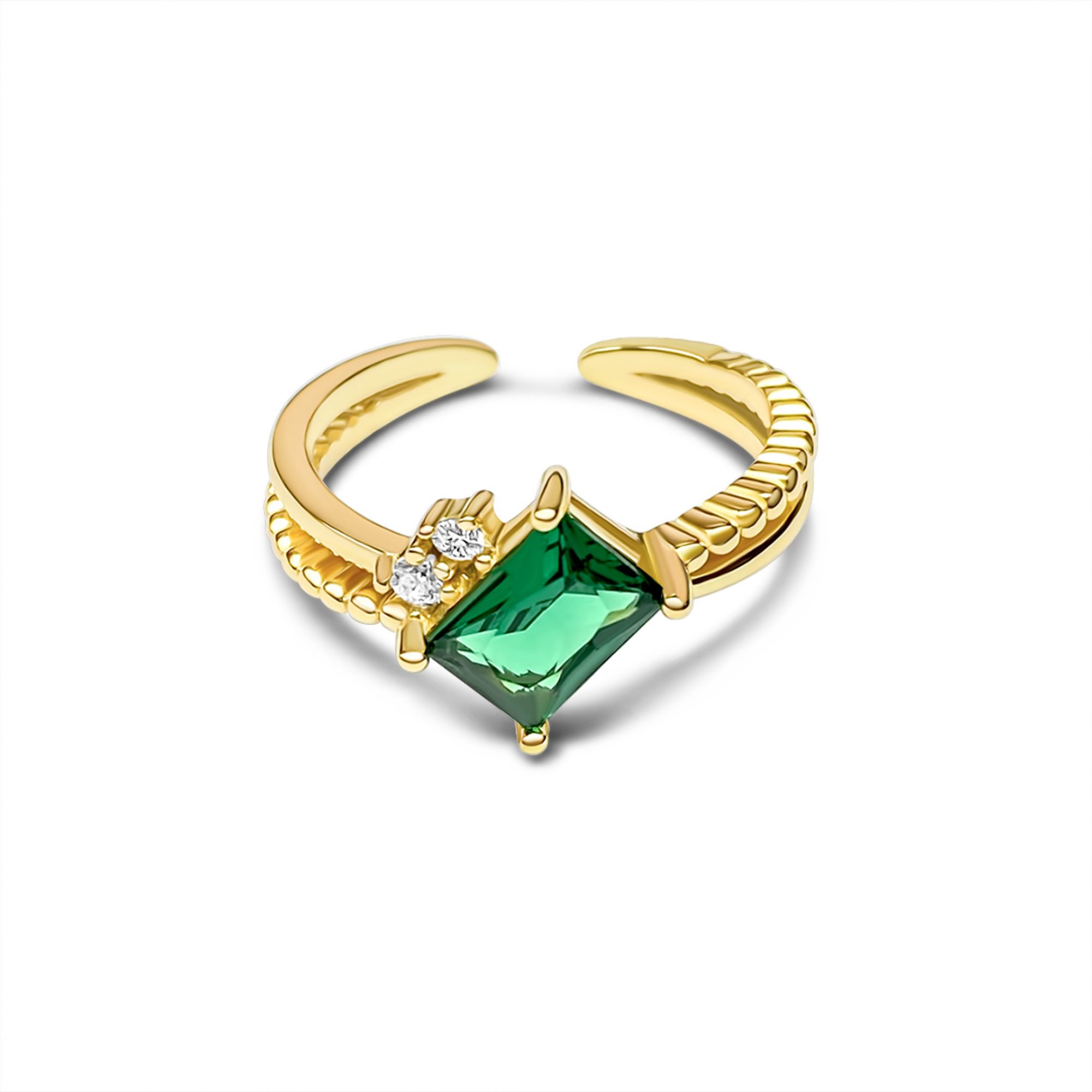 Gold plated ring with zircon stones and emerald