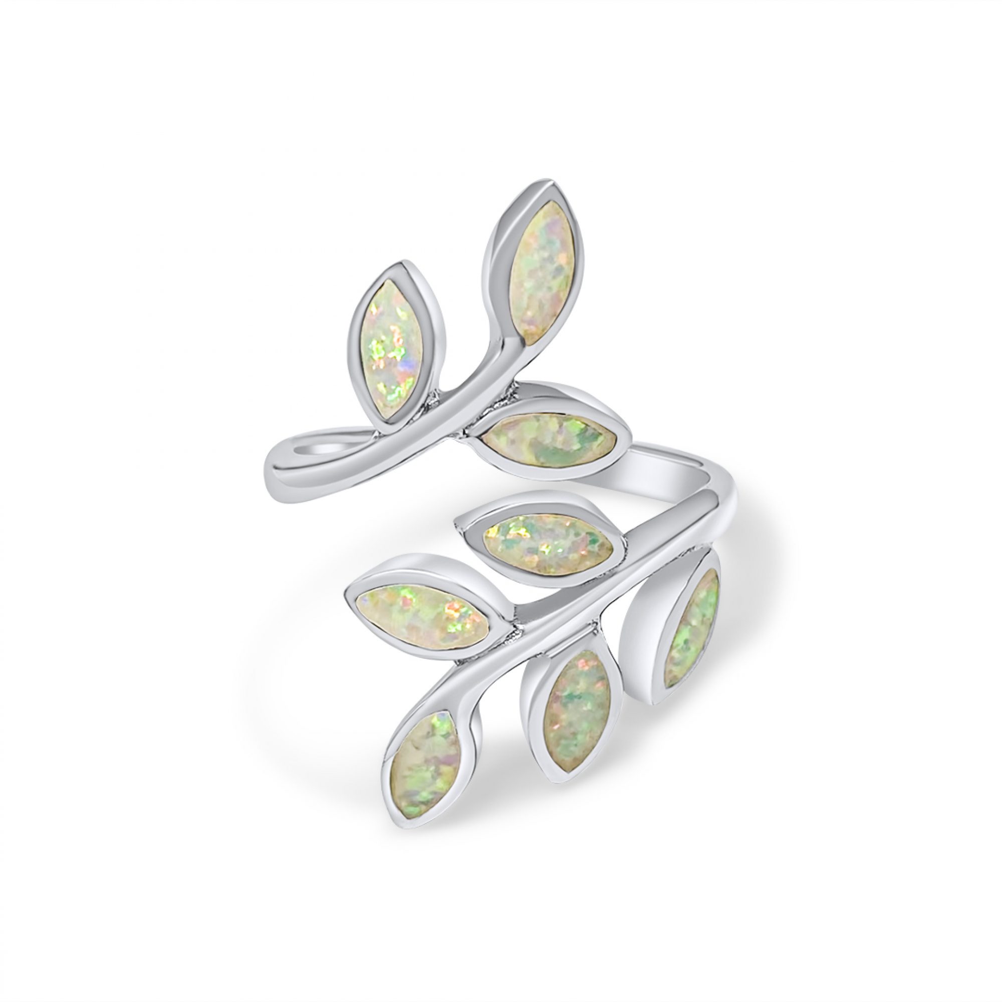 Silver olive branch ring with white opal