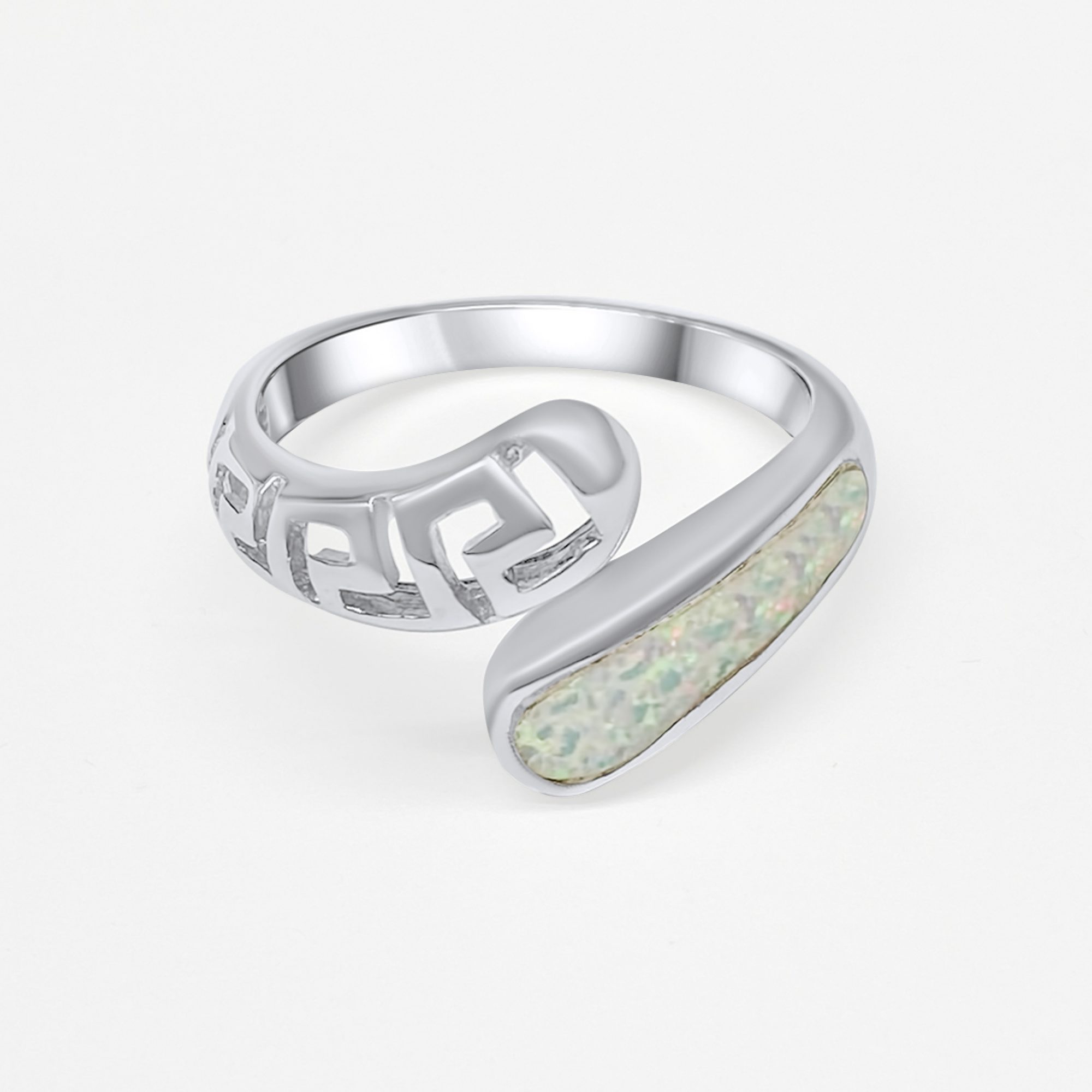 Silver ring with white opal and meander