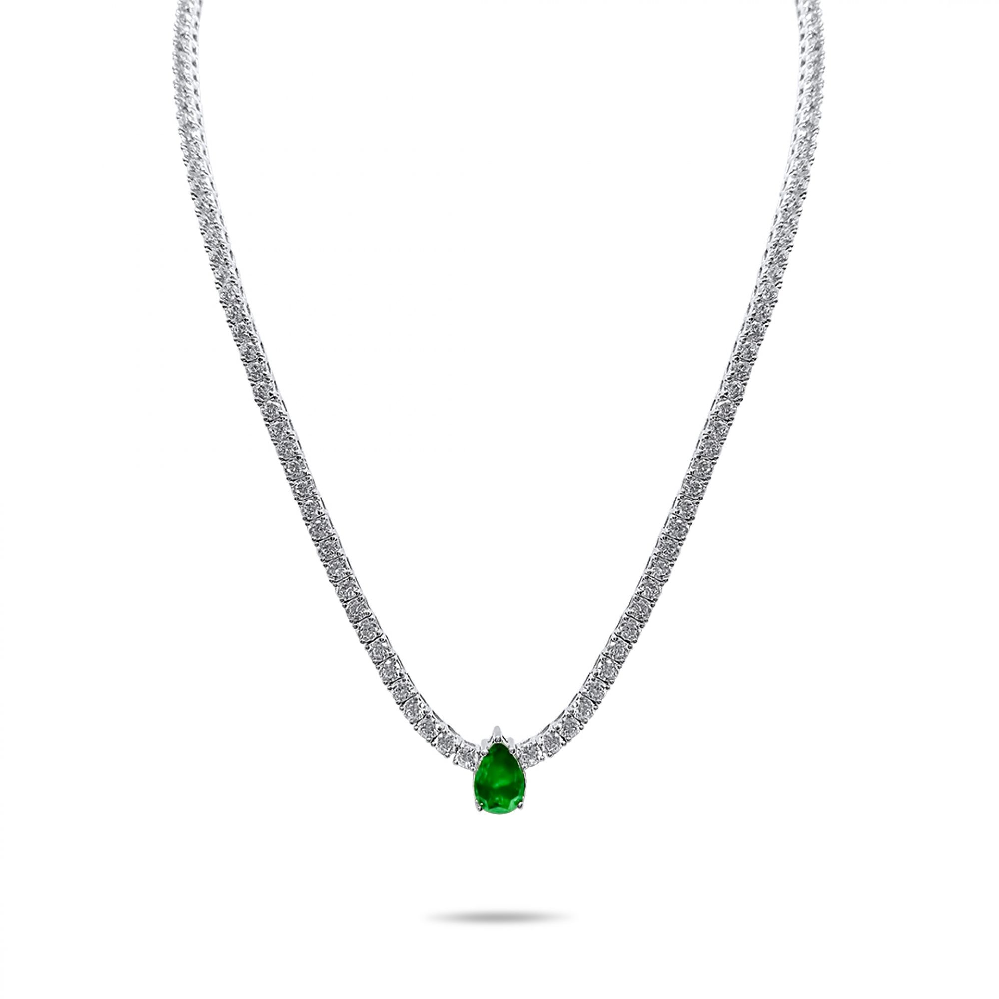 Silver necklace with emerald and zircon stones