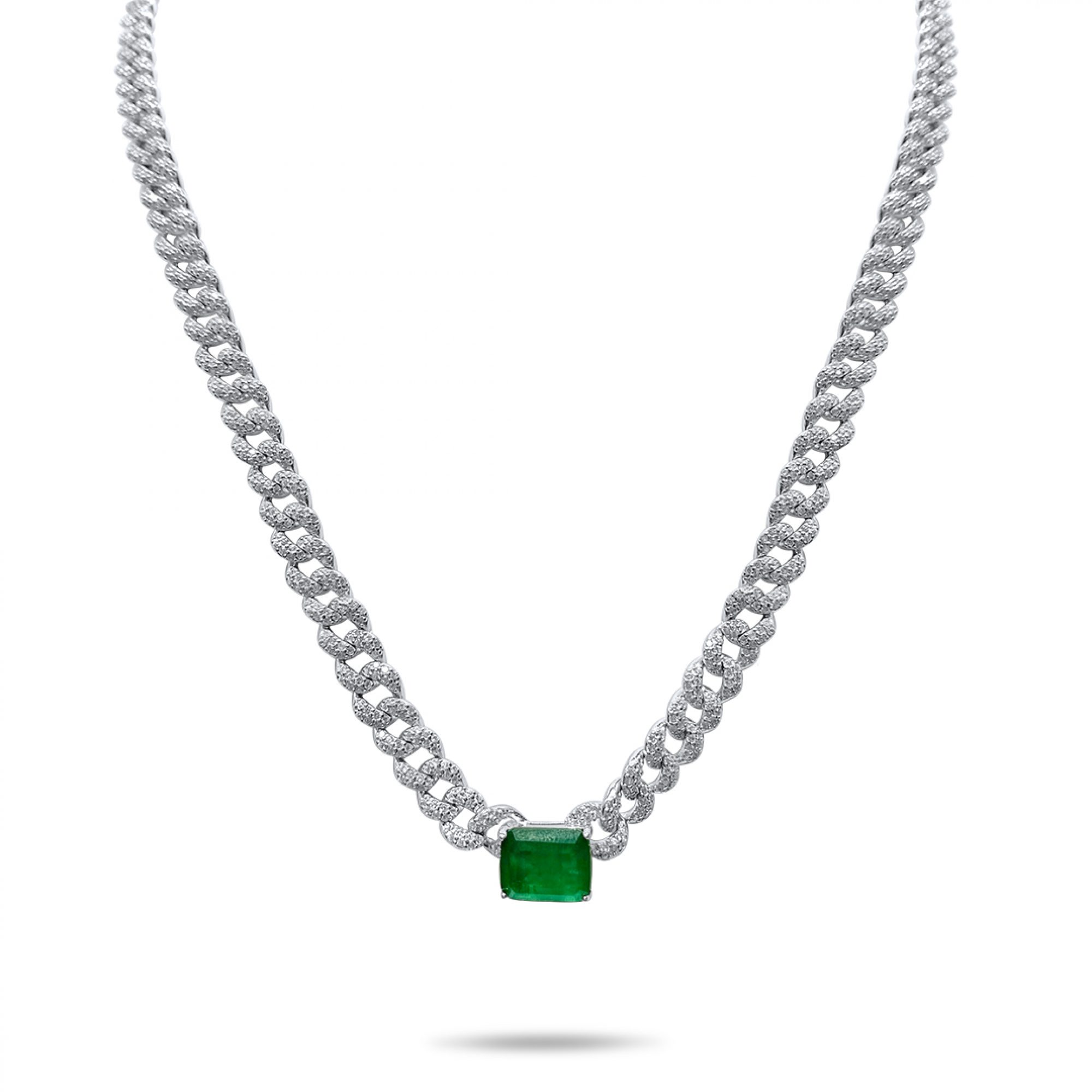 Silver chain with emerald and zircon stones