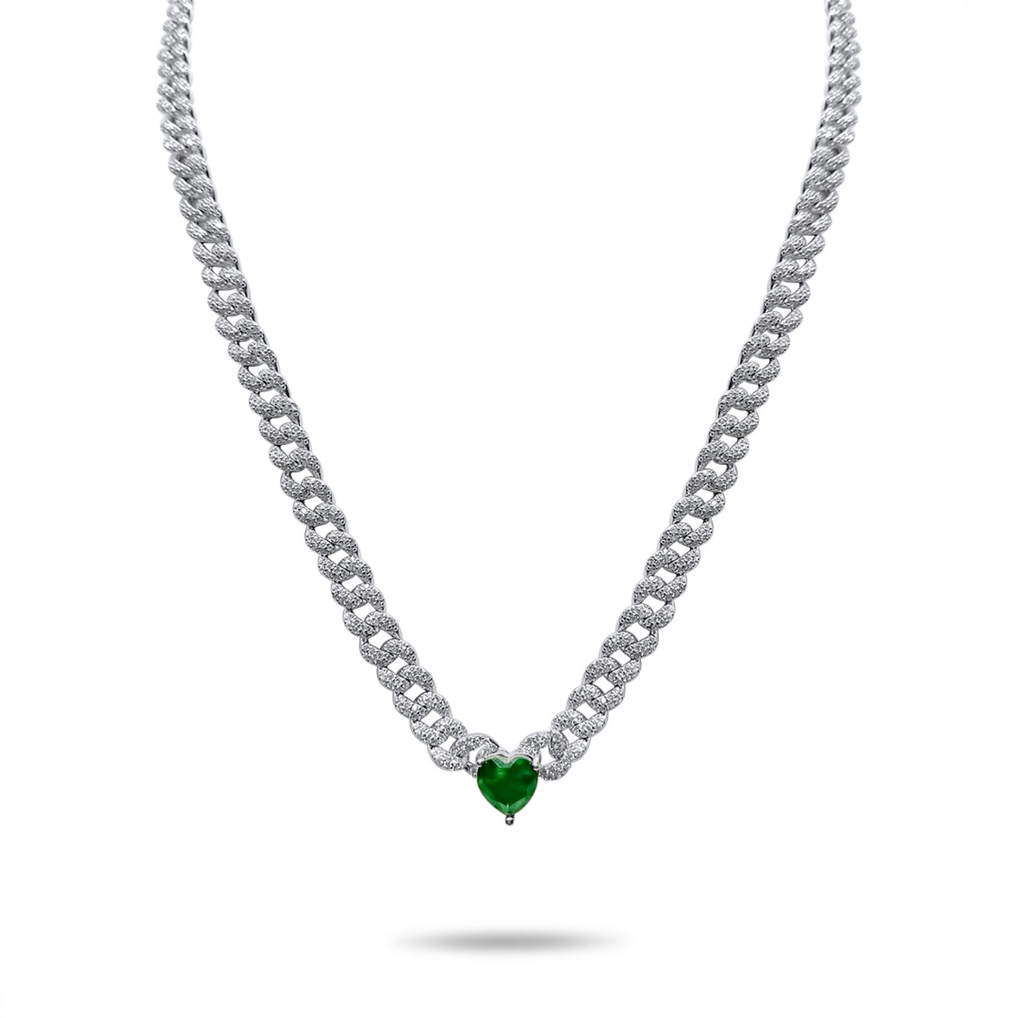 Silver chain with emerald and zircon stones