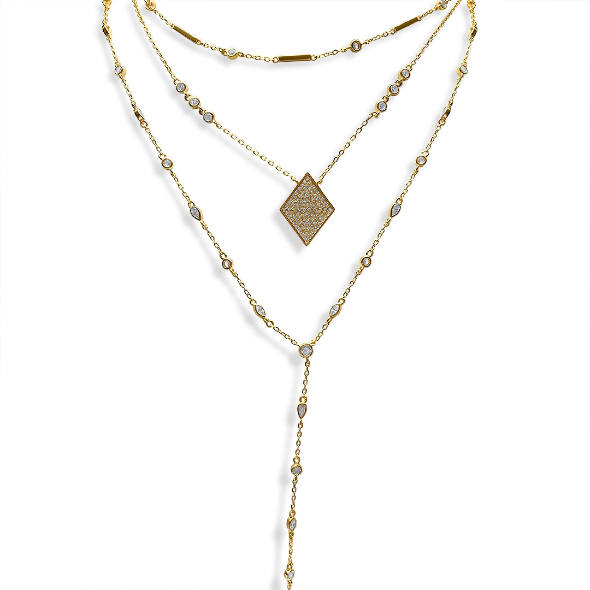 Gold plated triple necklace with zircon stones