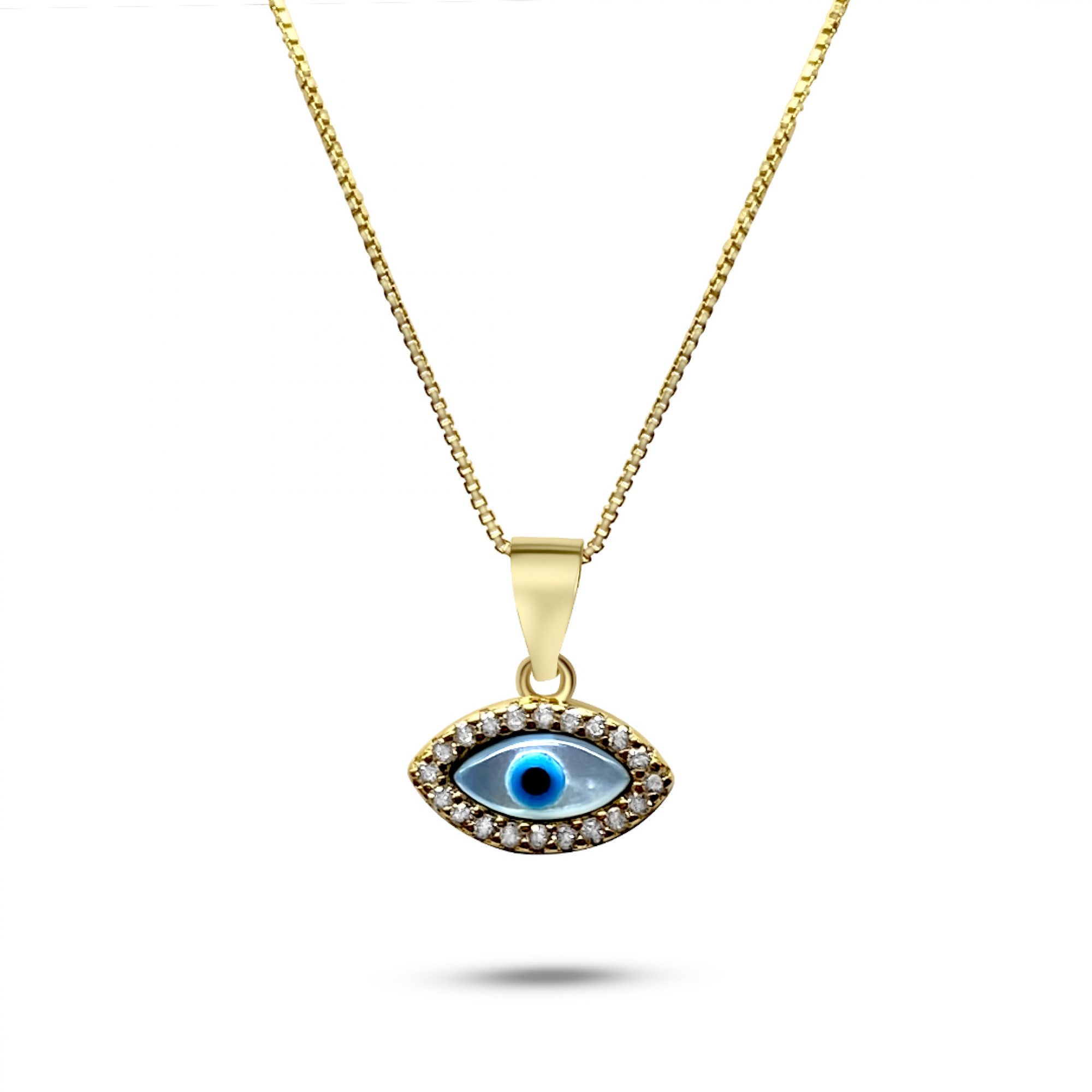 Gold plated eye pendant necklace with mother of pearl and zircon stones