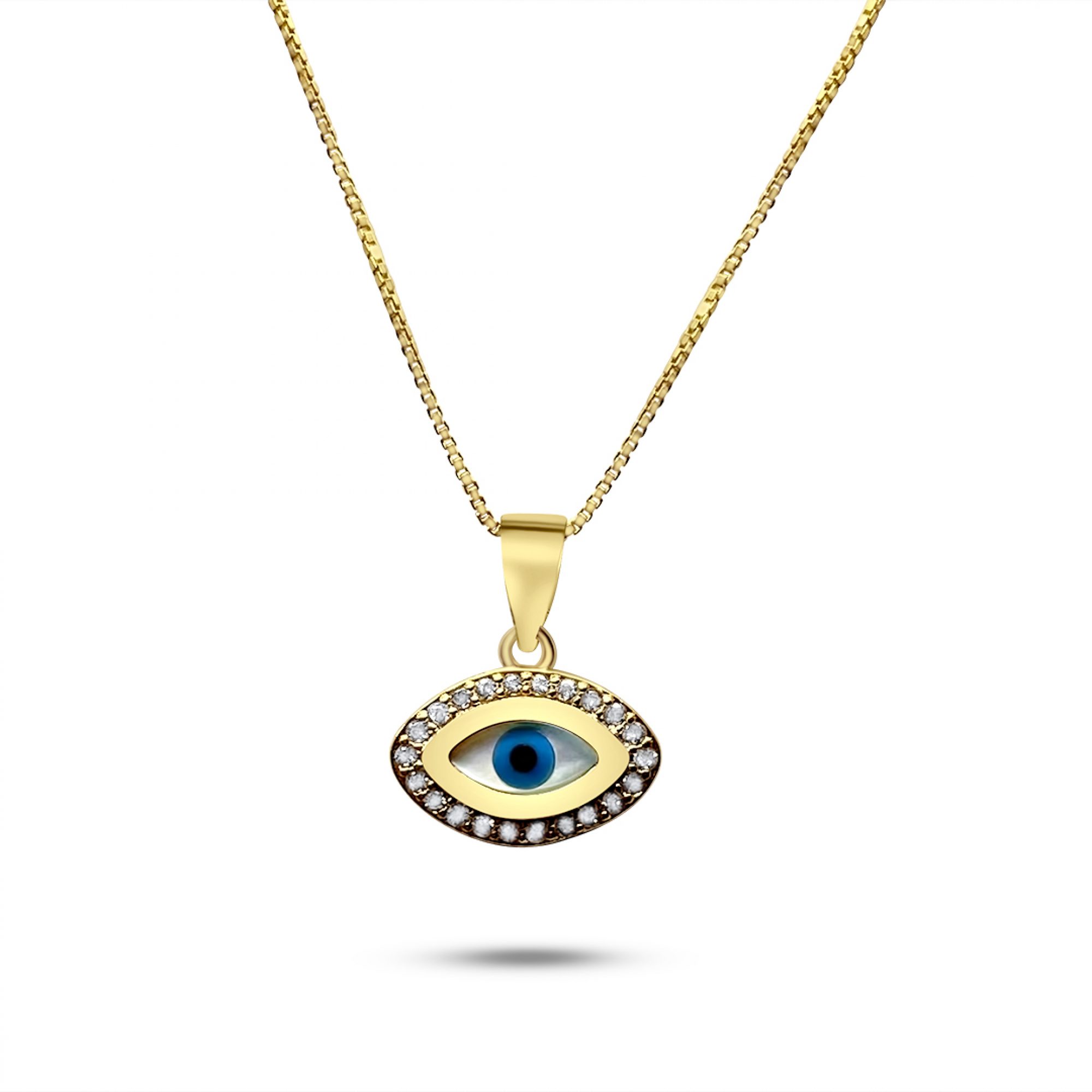 Gold plated eye pendant necklace with mother of pearl and zircon stones