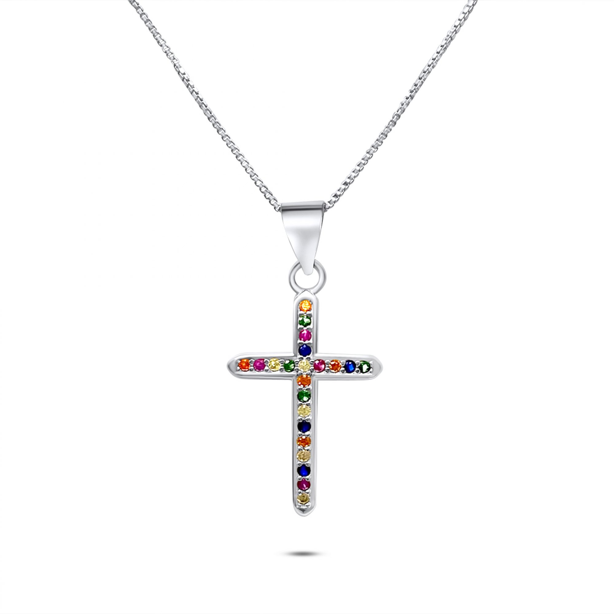 Cross necklace with multi coloured zircon stones