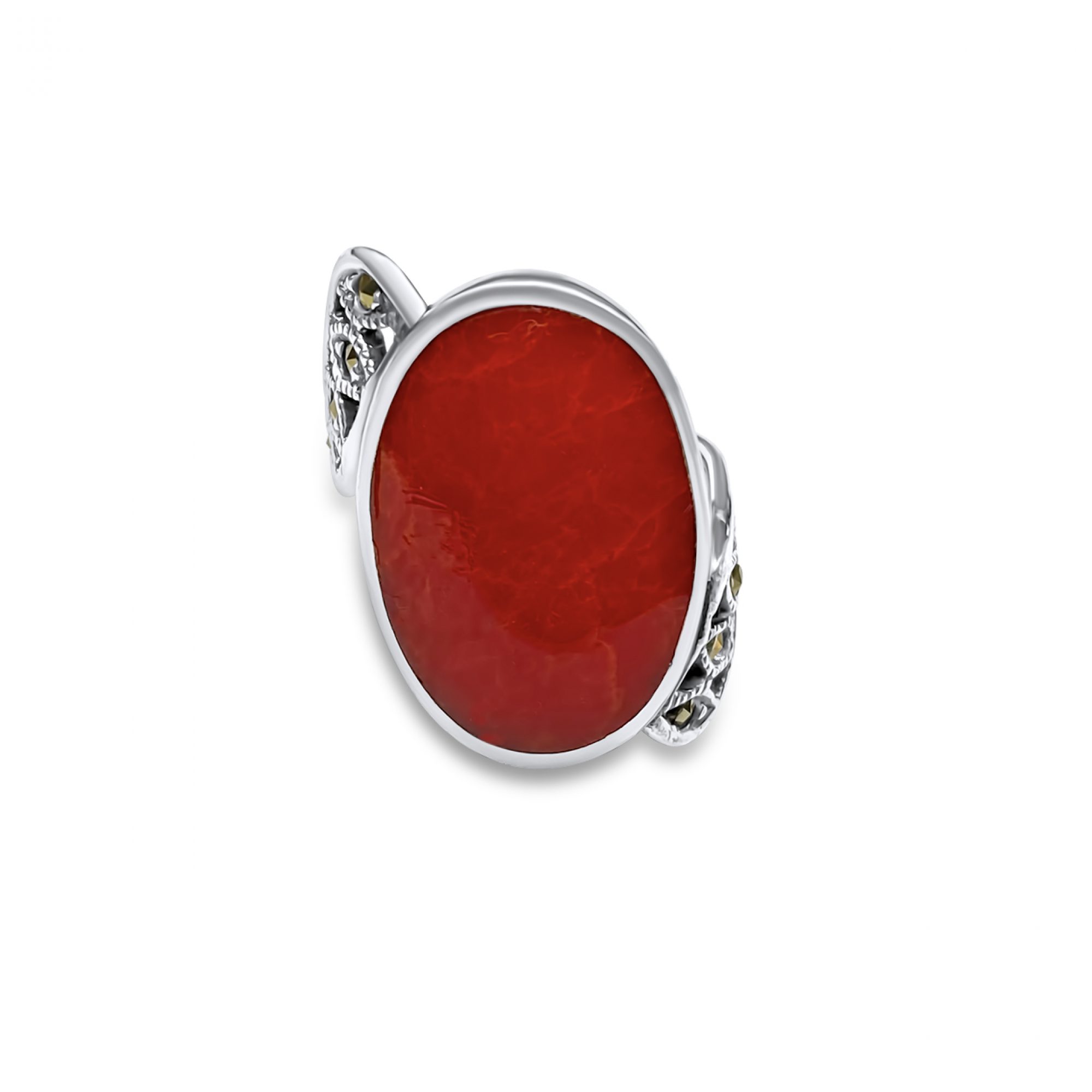 Ring with coral stone and marcasites