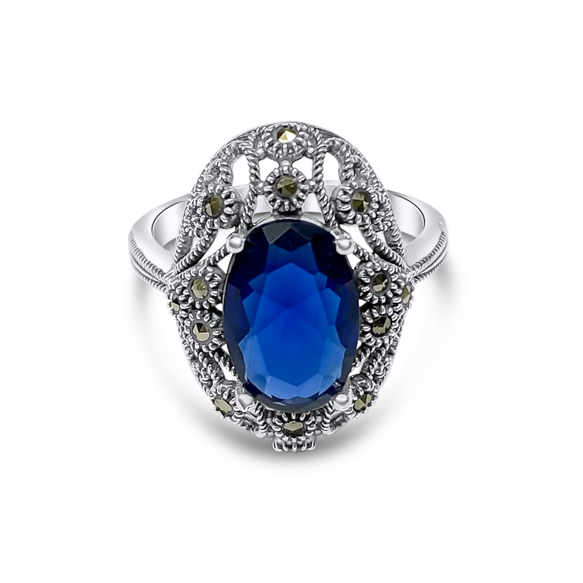 Ring with sapphire stone and marcasites