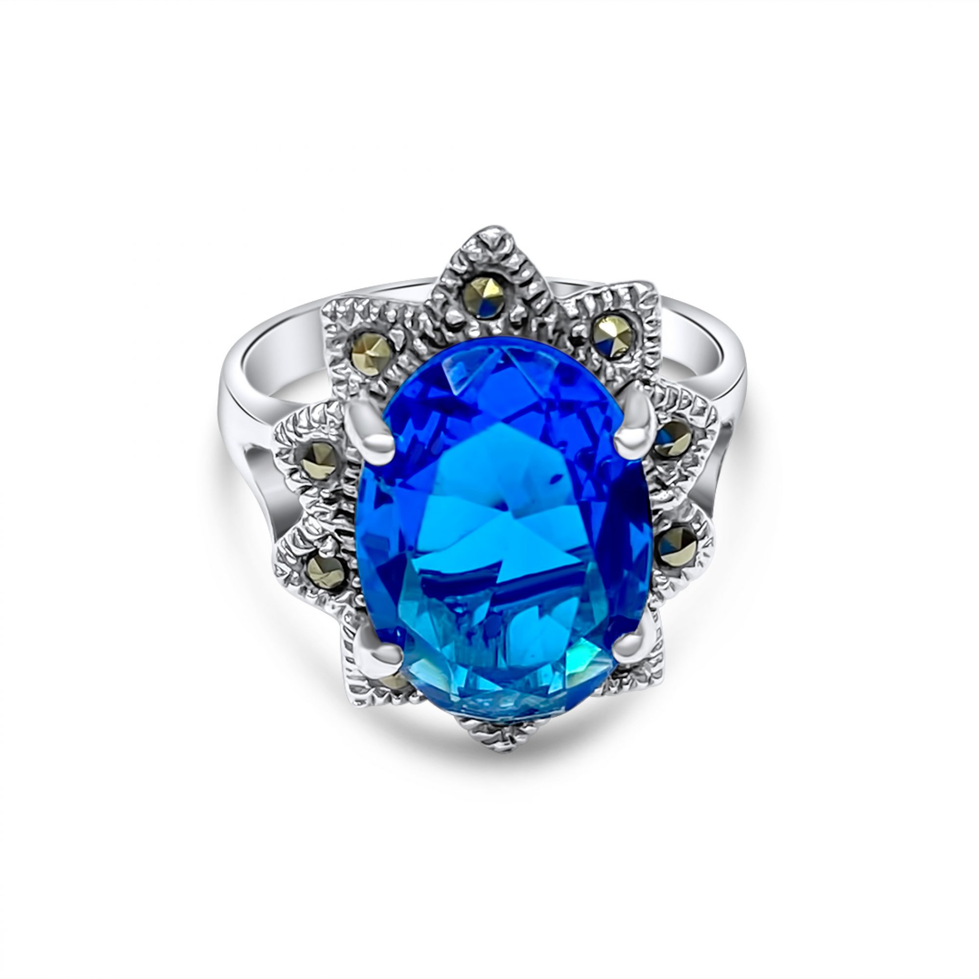 Ring with sapphire stone and marcasites