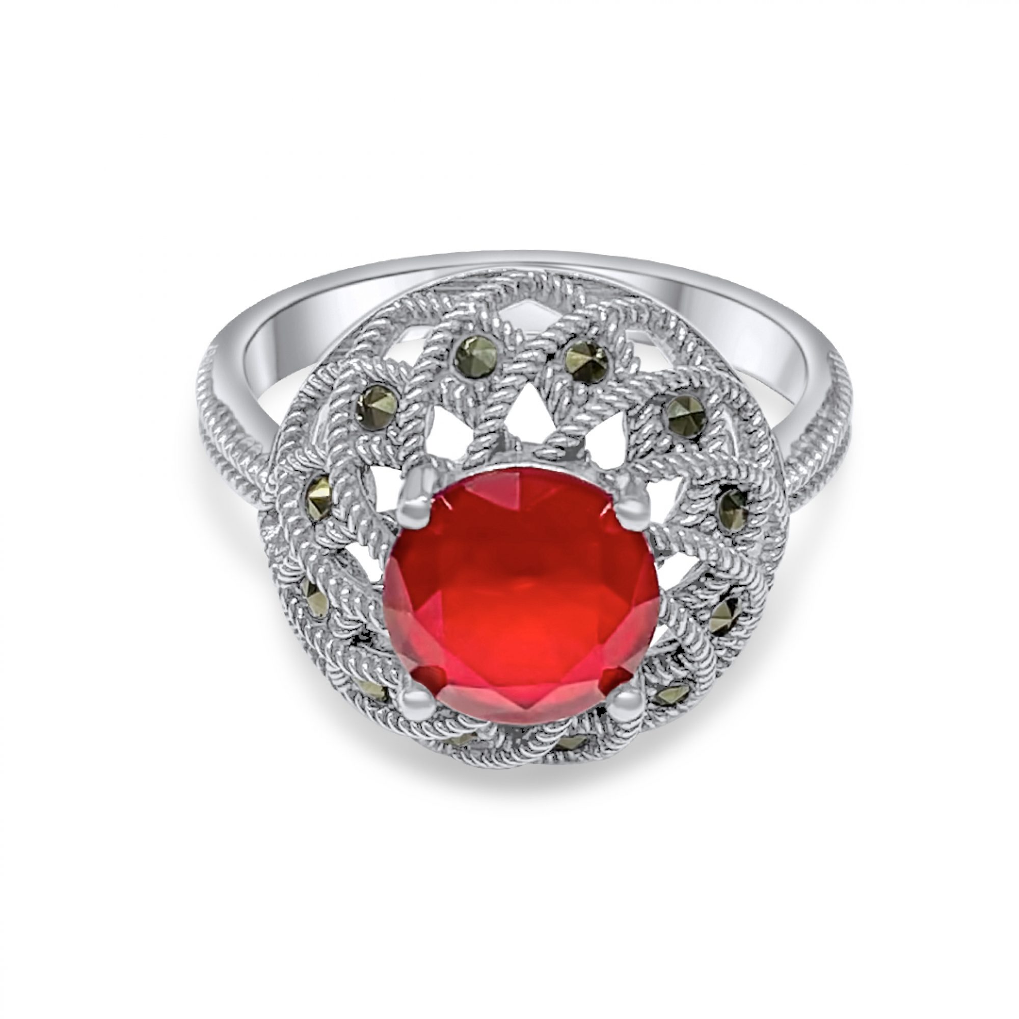 Ring with ruby stone and marcasites