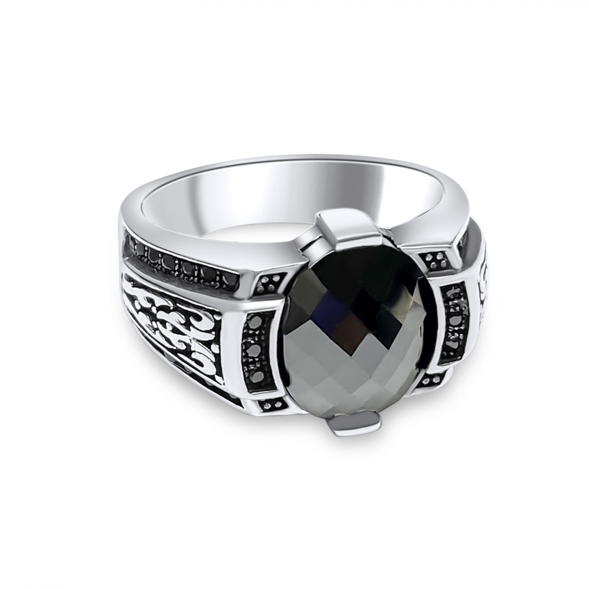 Silver ring with black zircon stone