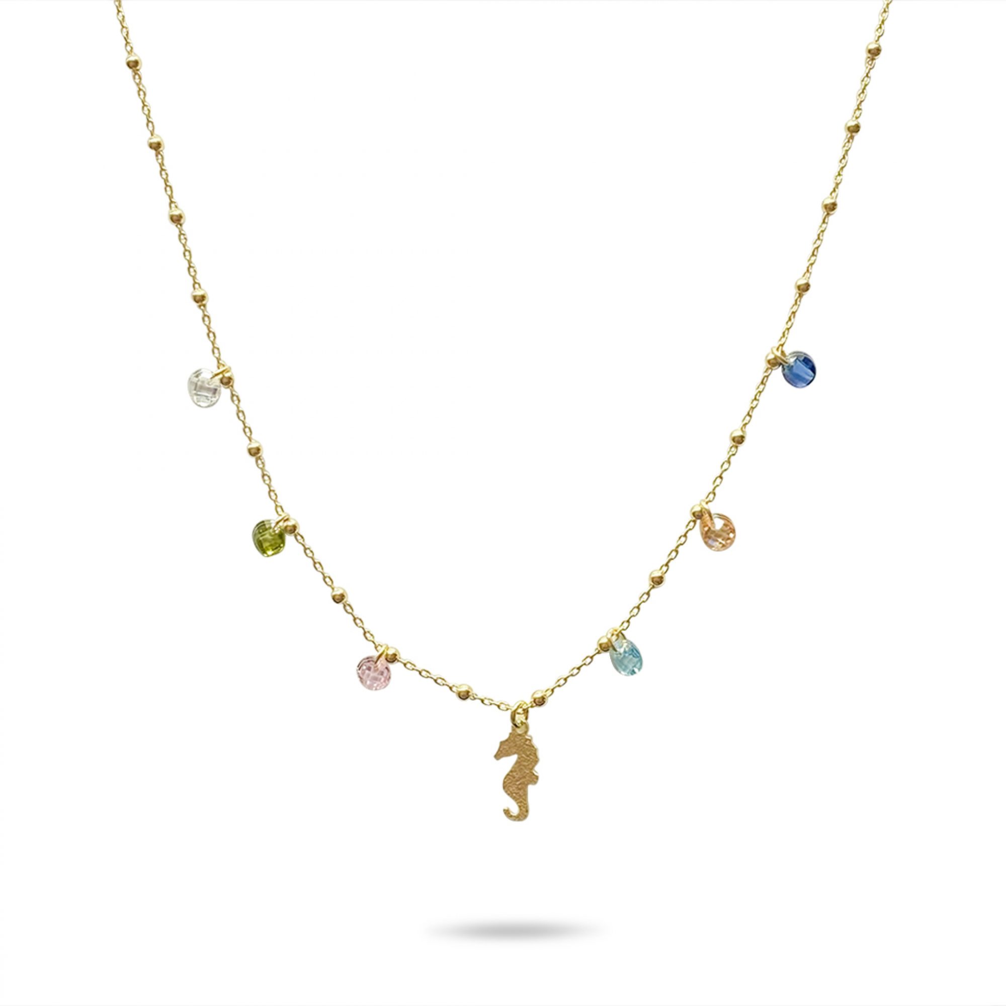 Gold plated dangle necklace with multicoloured stones