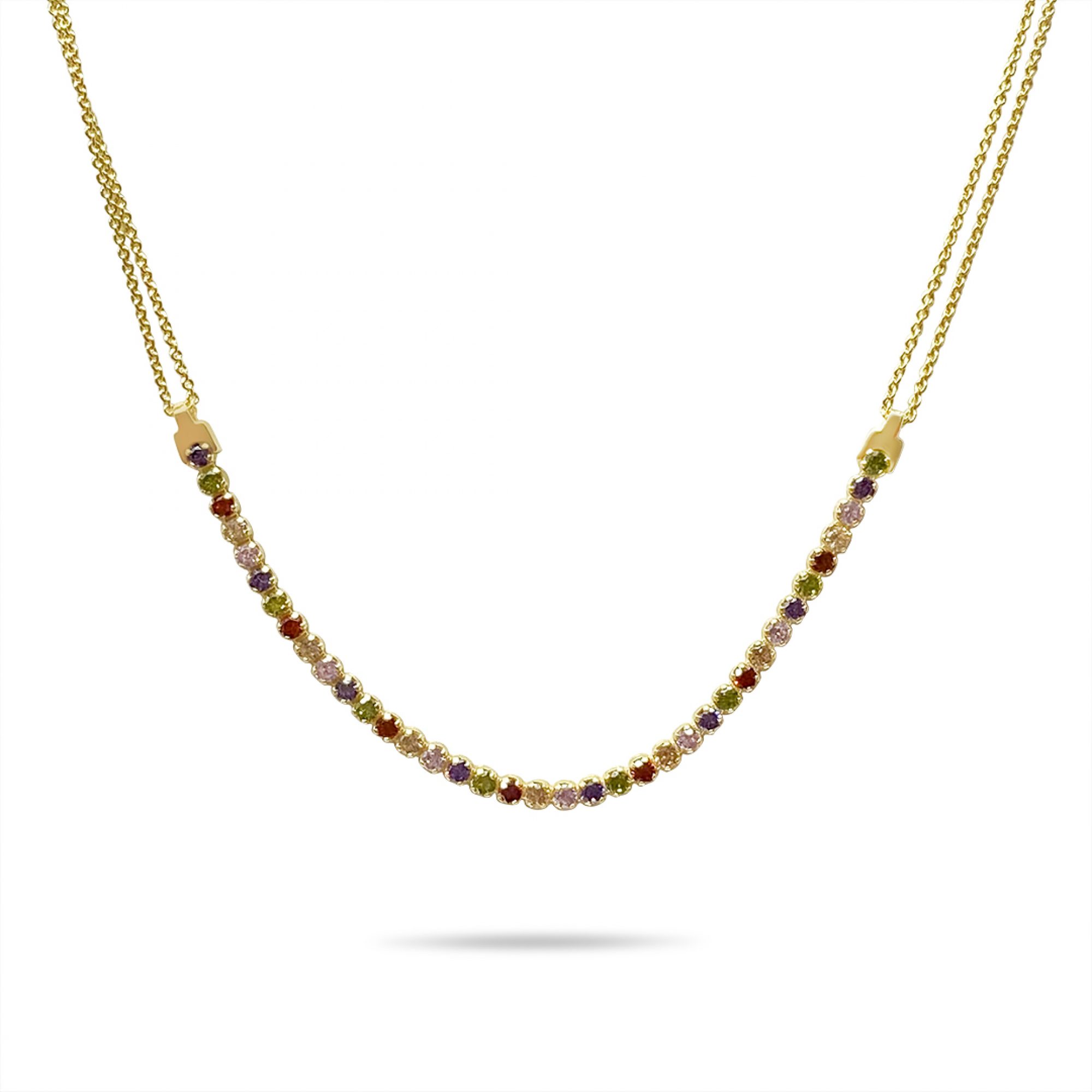 Gold plated necklace with multicoloured stones