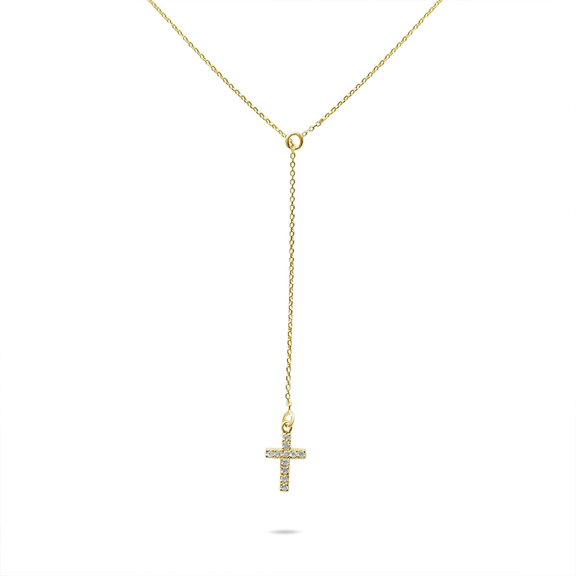 Y-style gold plated cross necklace with zircon stones