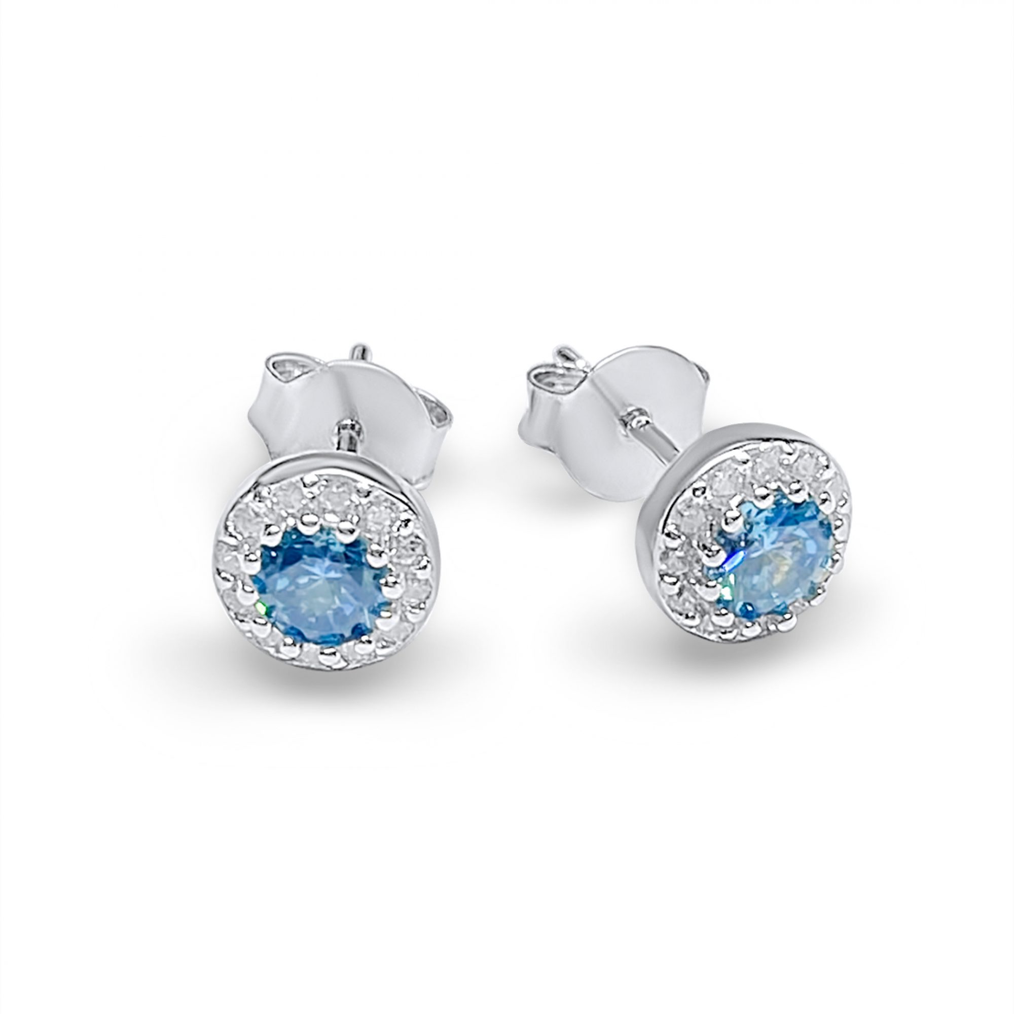 Silver stud earrings with aquamarine and zircon stones