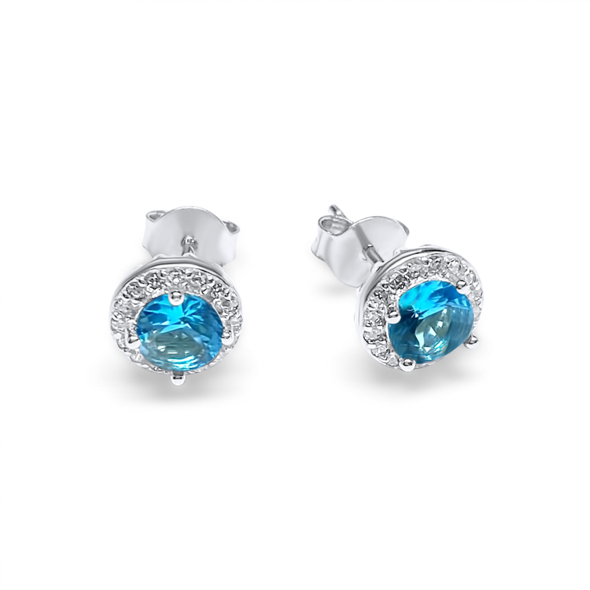 Silver stud earrings with aquamarine and zircon stones