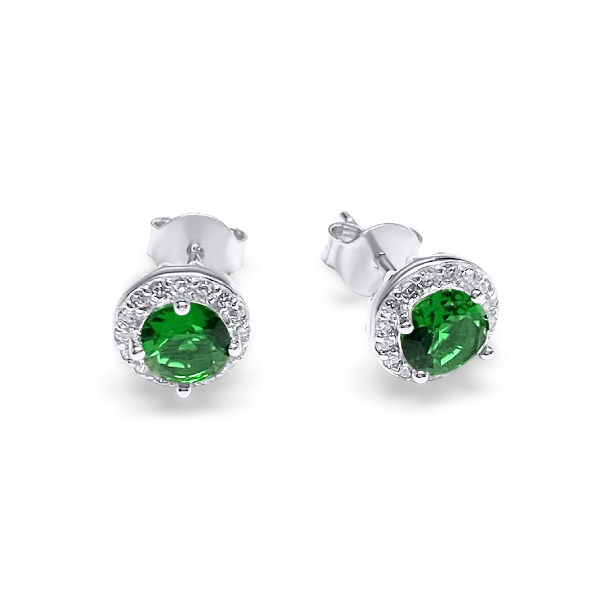 Silver stud earrings with emerald and zircon stones