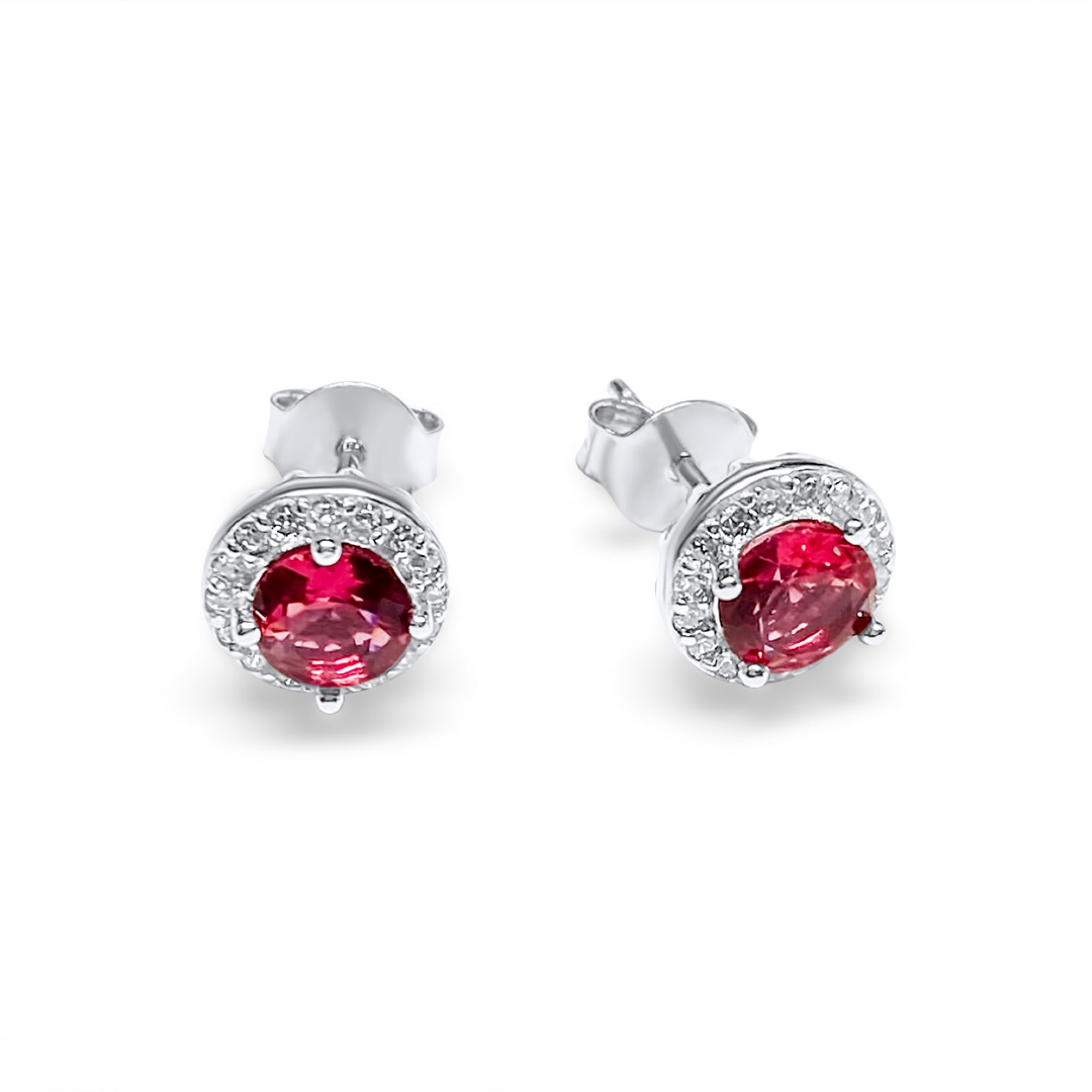 Silver stud earrings with ruby and zircon stones