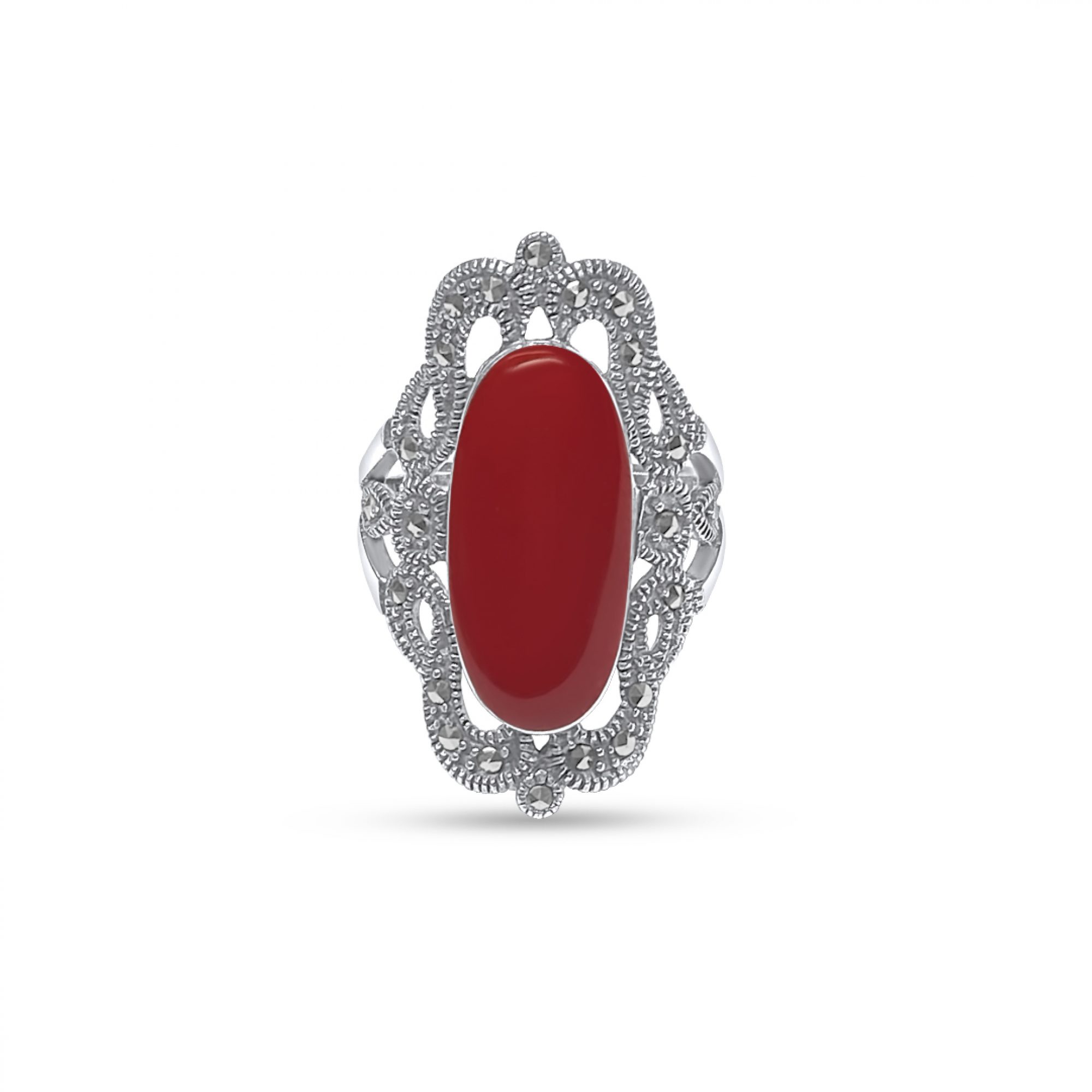 Ring with coral stone and marcasites